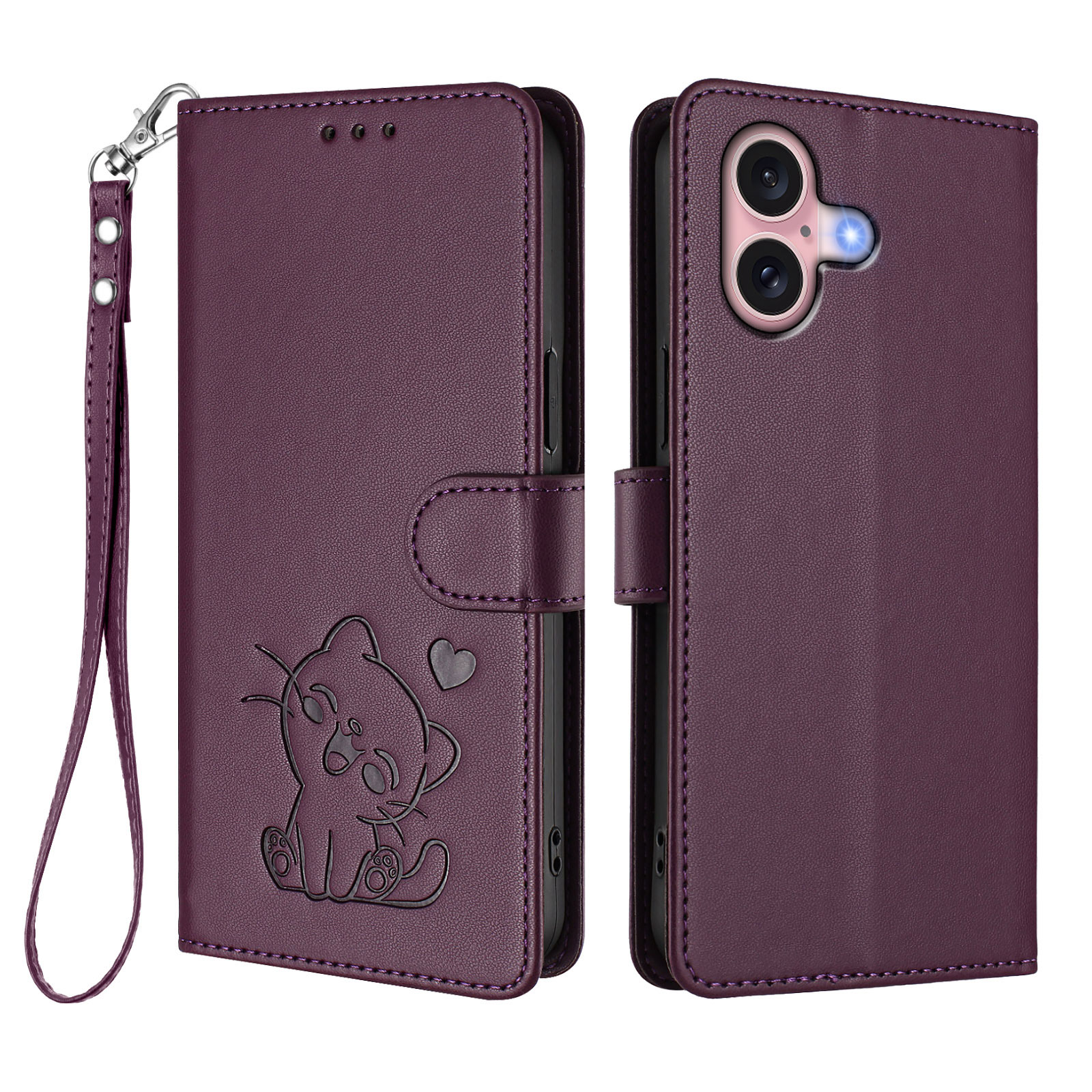 For iPhone 16 Wallet Case with Wrist Strap Love Cat Pattern Imprint Leather Phone Cover - Purple