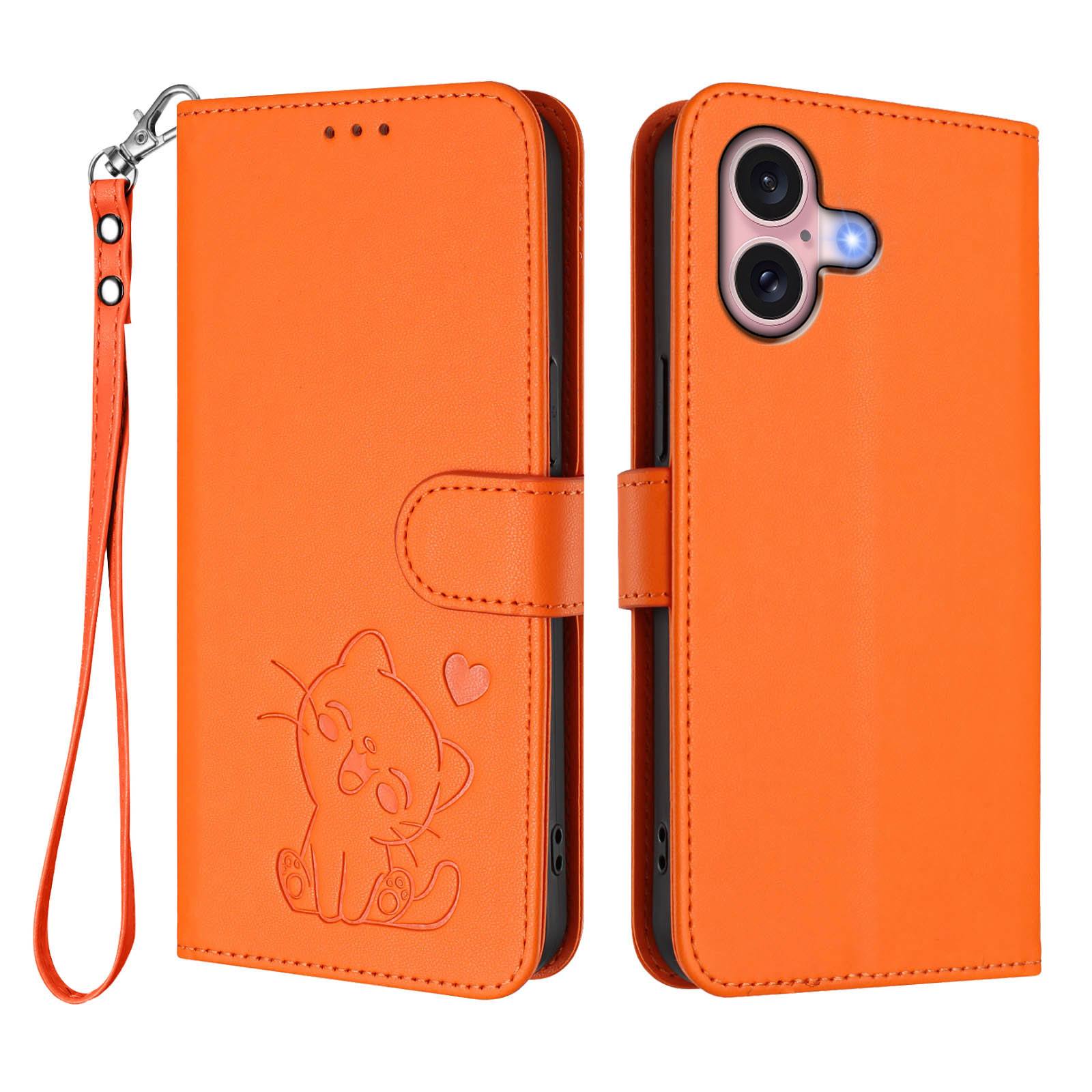 For iPhone 16 Wallet Case with Wrist Strap Love Cat Pattern Imprint Leather Phone Cover - Orange