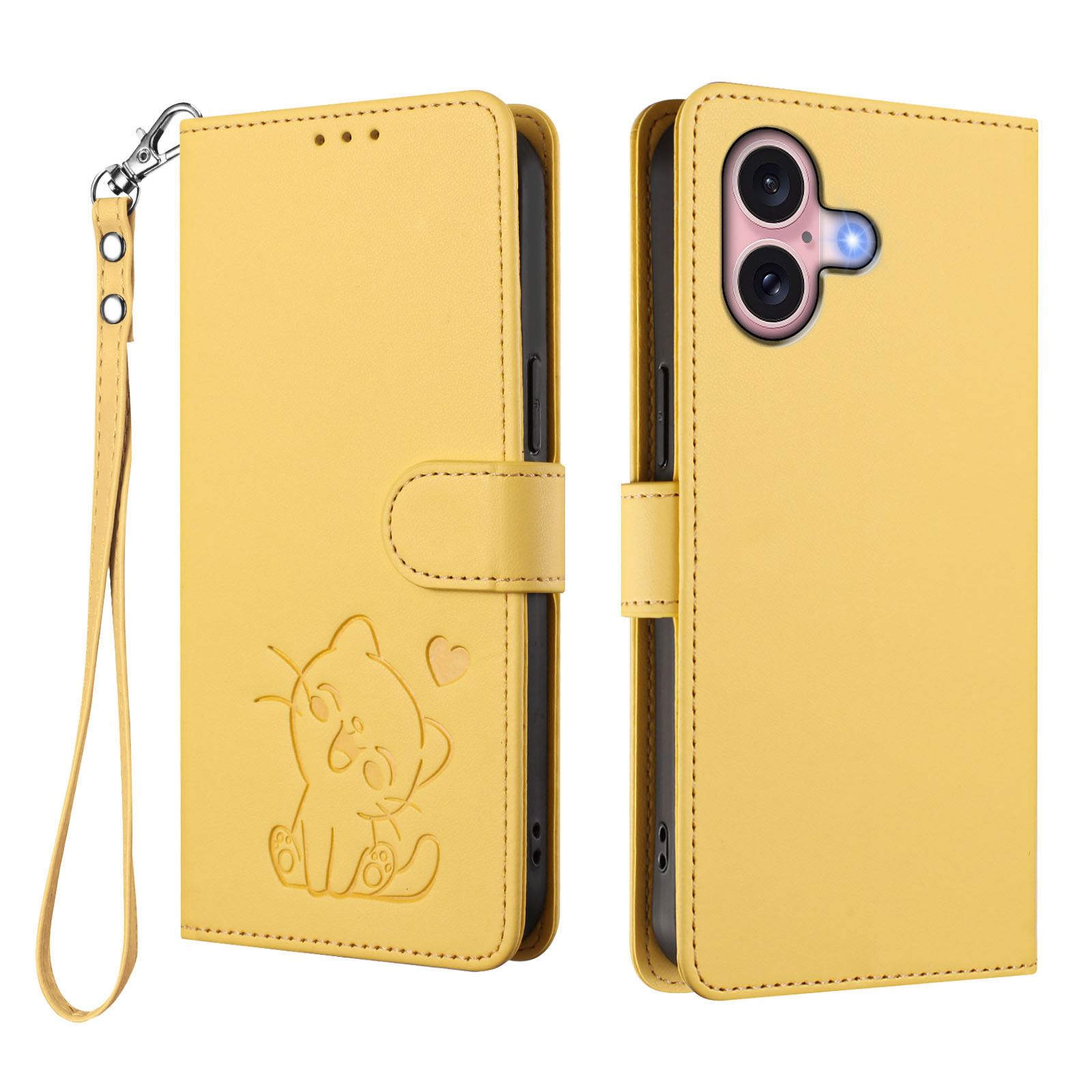 For iPhone 16 Wallet Case with Wrist Strap Love Cat Pattern Imprint Leather Phone Cover - Yellow