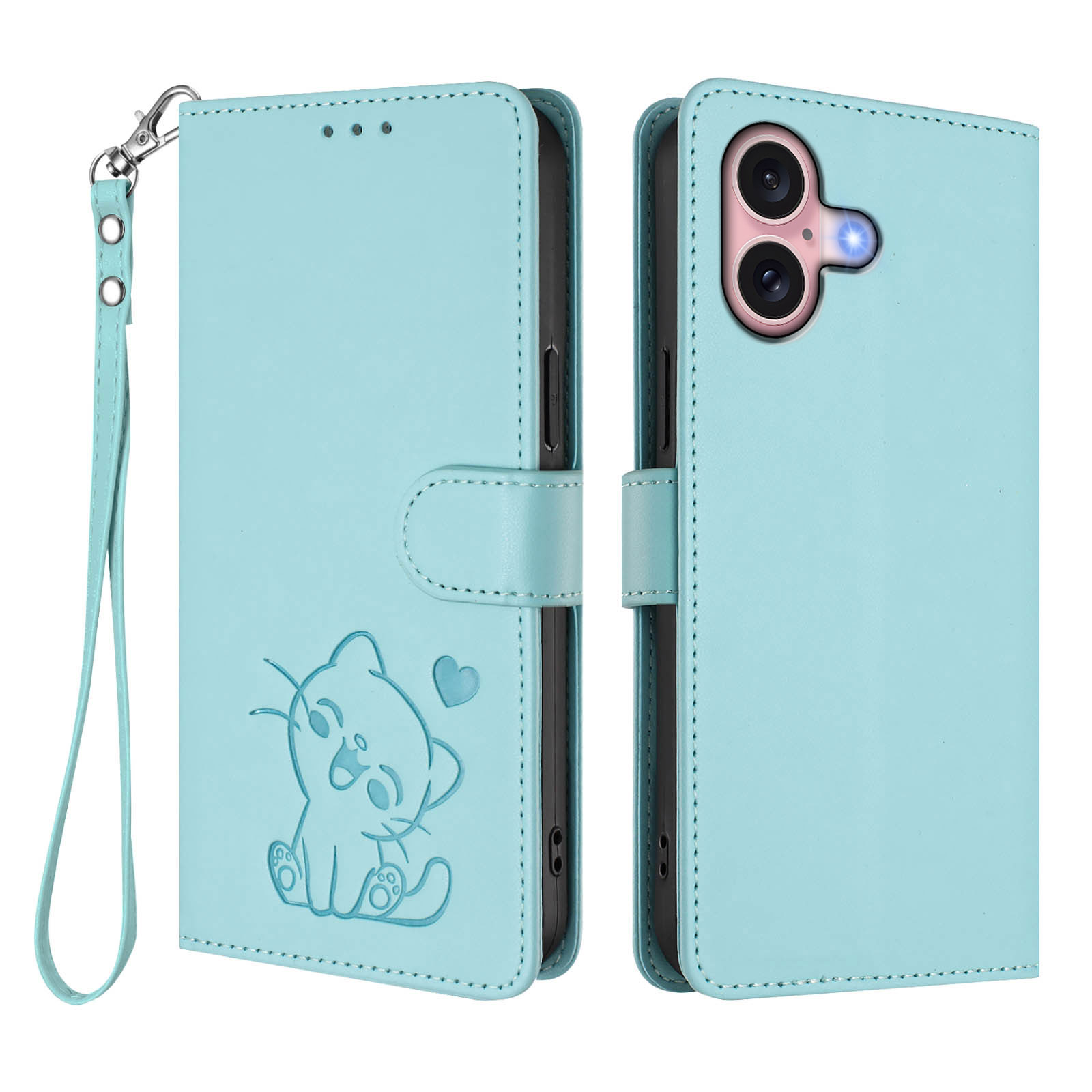For iPhone 16 Wallet Case with Wrist Strap Love Cat Pattern Imprint Leather Phone Cover - Mint Green