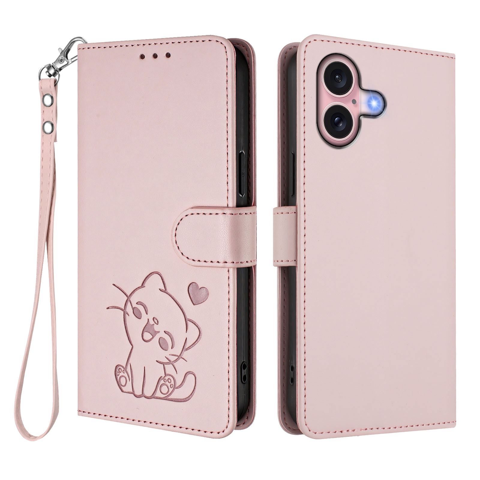 For iPhone 16 Wallet Case with Wrist Strap Love Cat Pattern Imprint Leather Phone Cover - Pink
