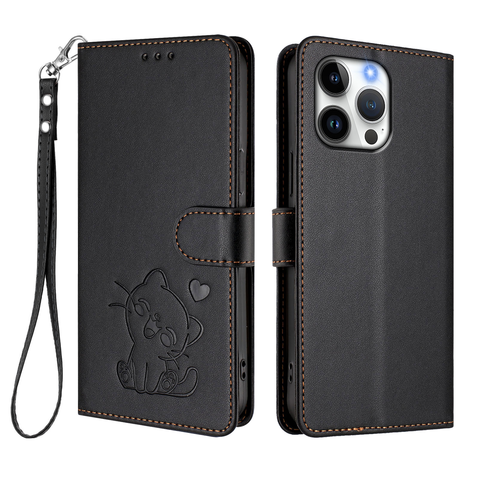 For iPhone 16 Pro Wallet Case with Wrist Strap Love Cat Pattern Imprint Leather Phone Cover - Black