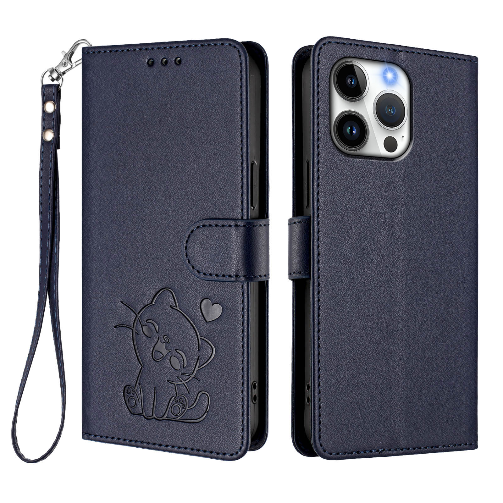 For iPhone 16 Pro Wallet Case with Wrist Strap Love Cat Pattern Imprint Leather Phone Cover - Blue