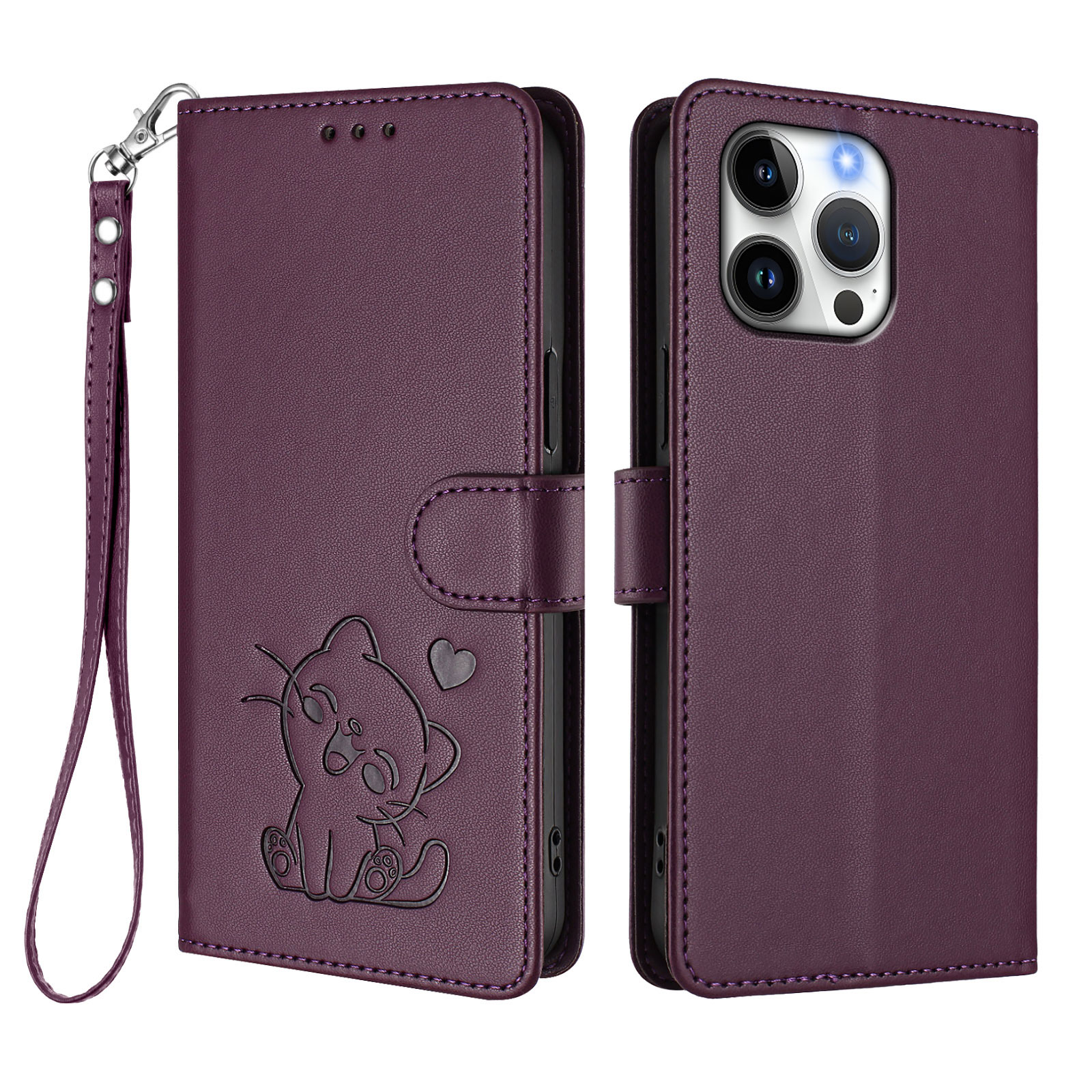 For iPhone 16 Pro Wallet Case with Wrist Strap Love Cat Pattern Imprint Leather Phone Cover - Purple