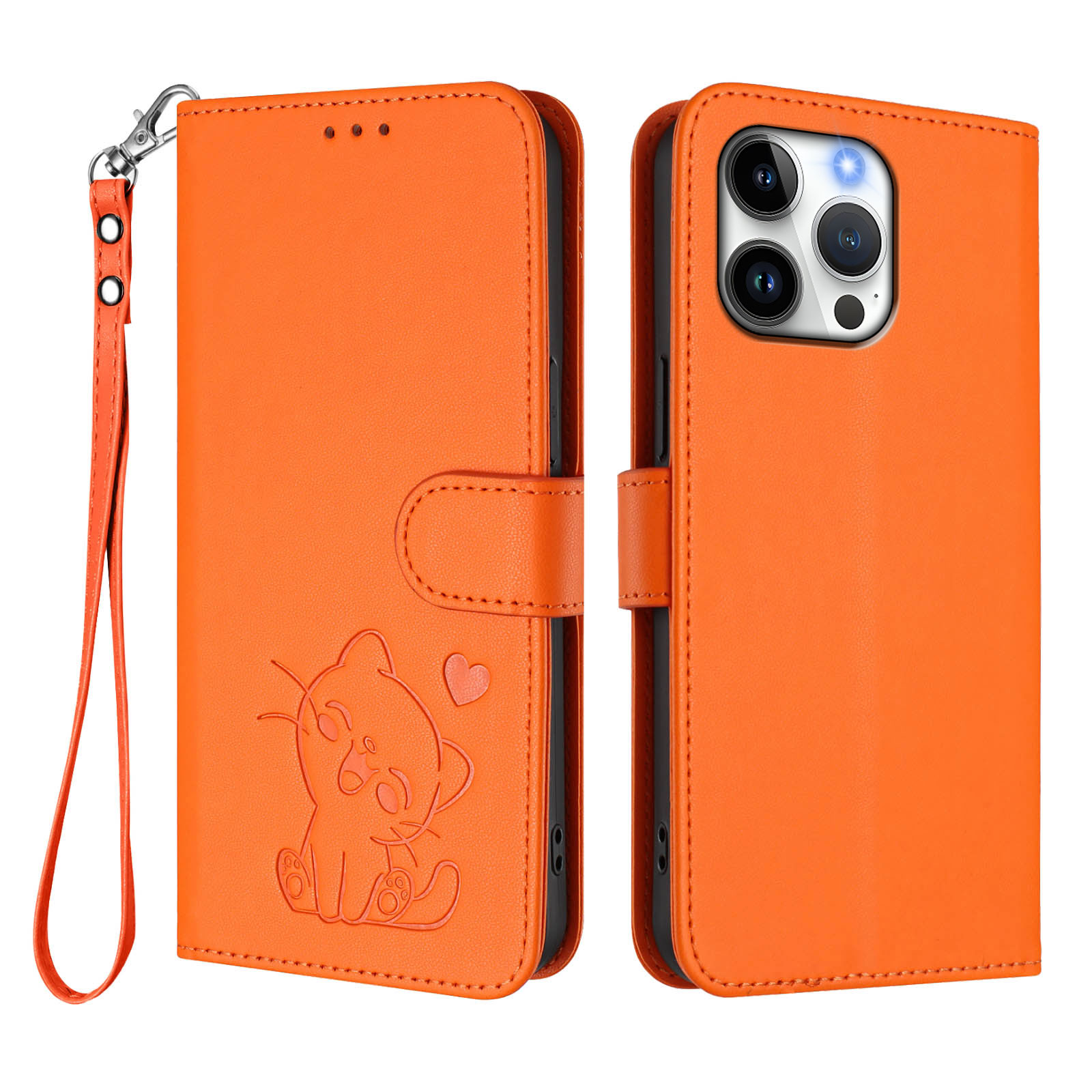 For iPhone 16 Pro Wallet Case with Wrist Strap Love Cat Pattern Imprint Leather Phone Cover - Orange