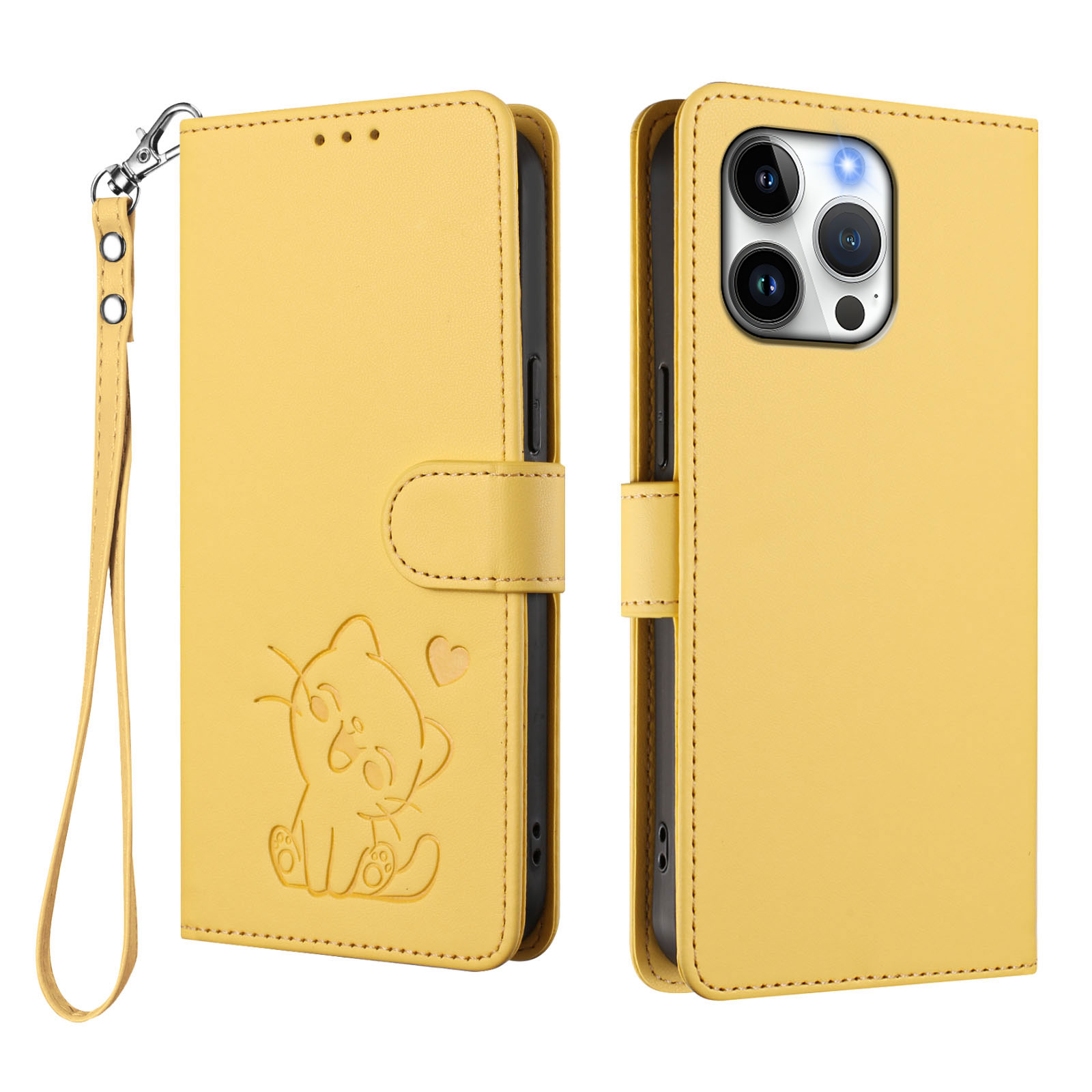 For iPhone 16 Pro Wallet Case with Wrist Strap Love Cat Pattern Imprint Leather Phone Cover - Yellow
