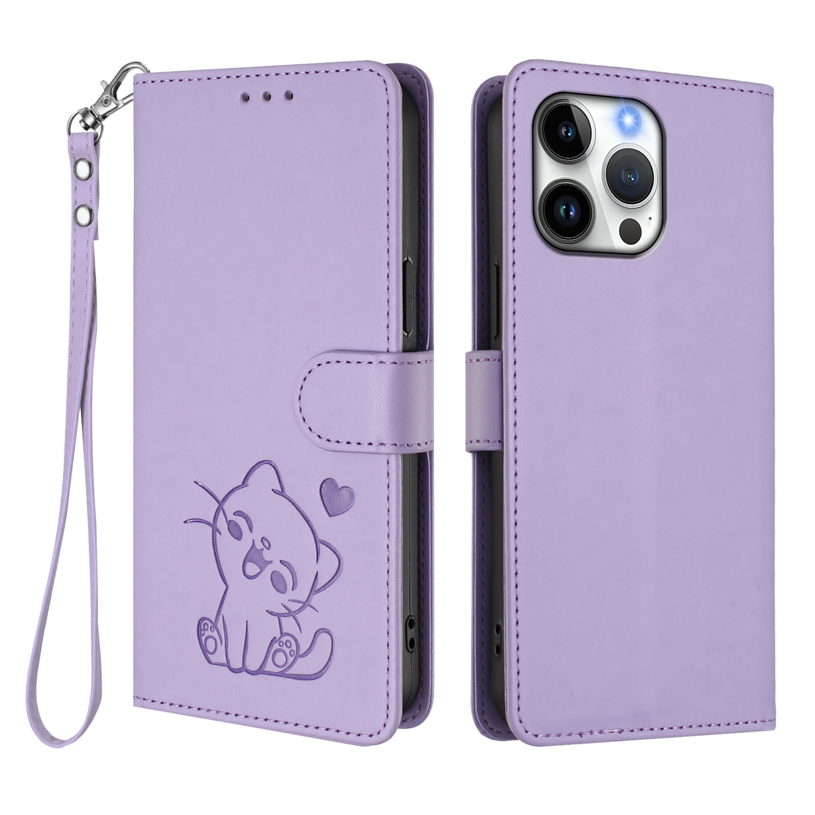 For iPhone 16 Pro Wallet Case with Wrist Strap Love Cat Pattern Imprint Leather Phone Cover - Light Purple