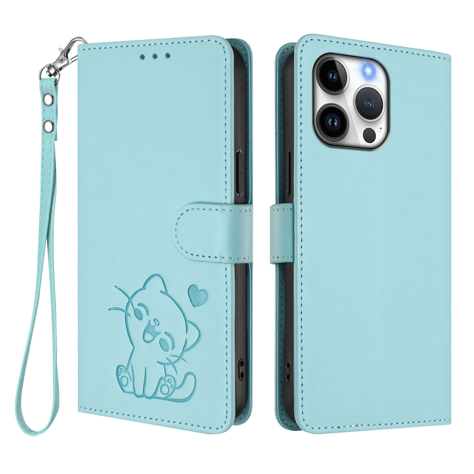 For iPhone 16 Pro Wallet Case with Wrist Strap Love Cat Pattern Imprint Leather Phone Cover - Mint Green