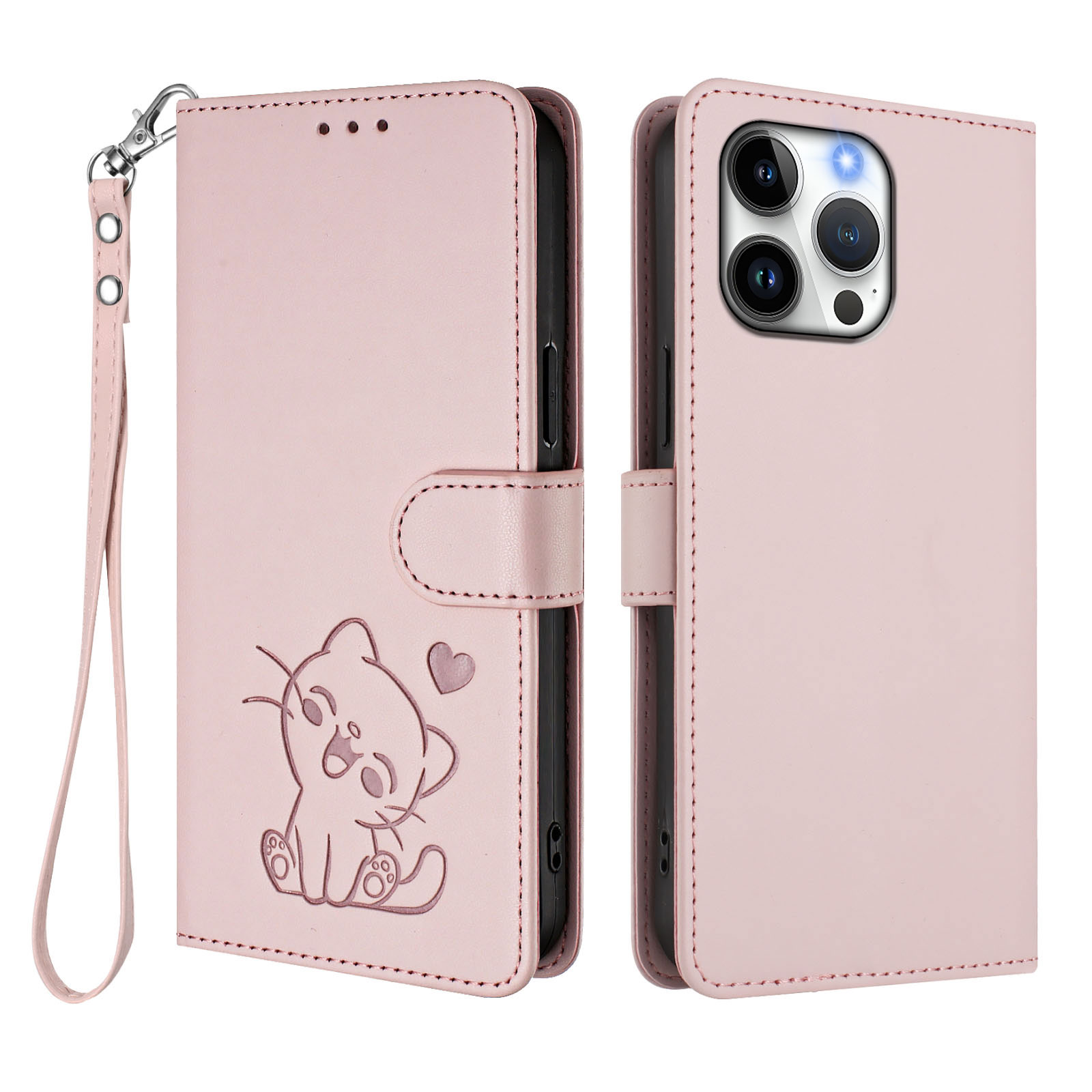 For iPhone 16 Pro Wallet Case with Wrist Strap Love Cat Pattern Imprint Leather Phone Cover - Pink