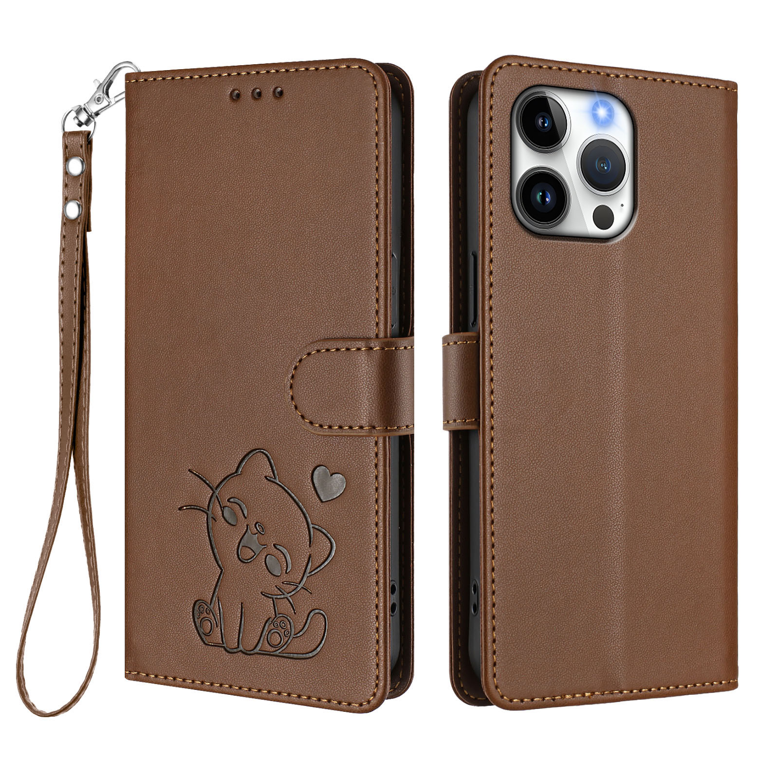 For iPhone 16 Pro Max Wallet Case with Wrist Strap Love Cat Pattern Imprint Leather Phone Cover - Brown