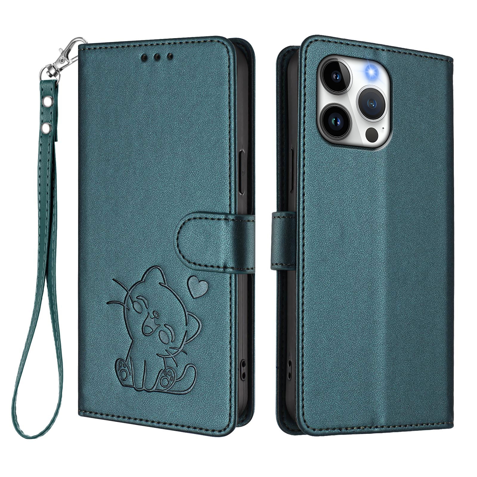 For iPhone 16 Pro Max Wallet Case with Wrist Strap Love Cat Pattern Imprint Leather Phone Cover - Green