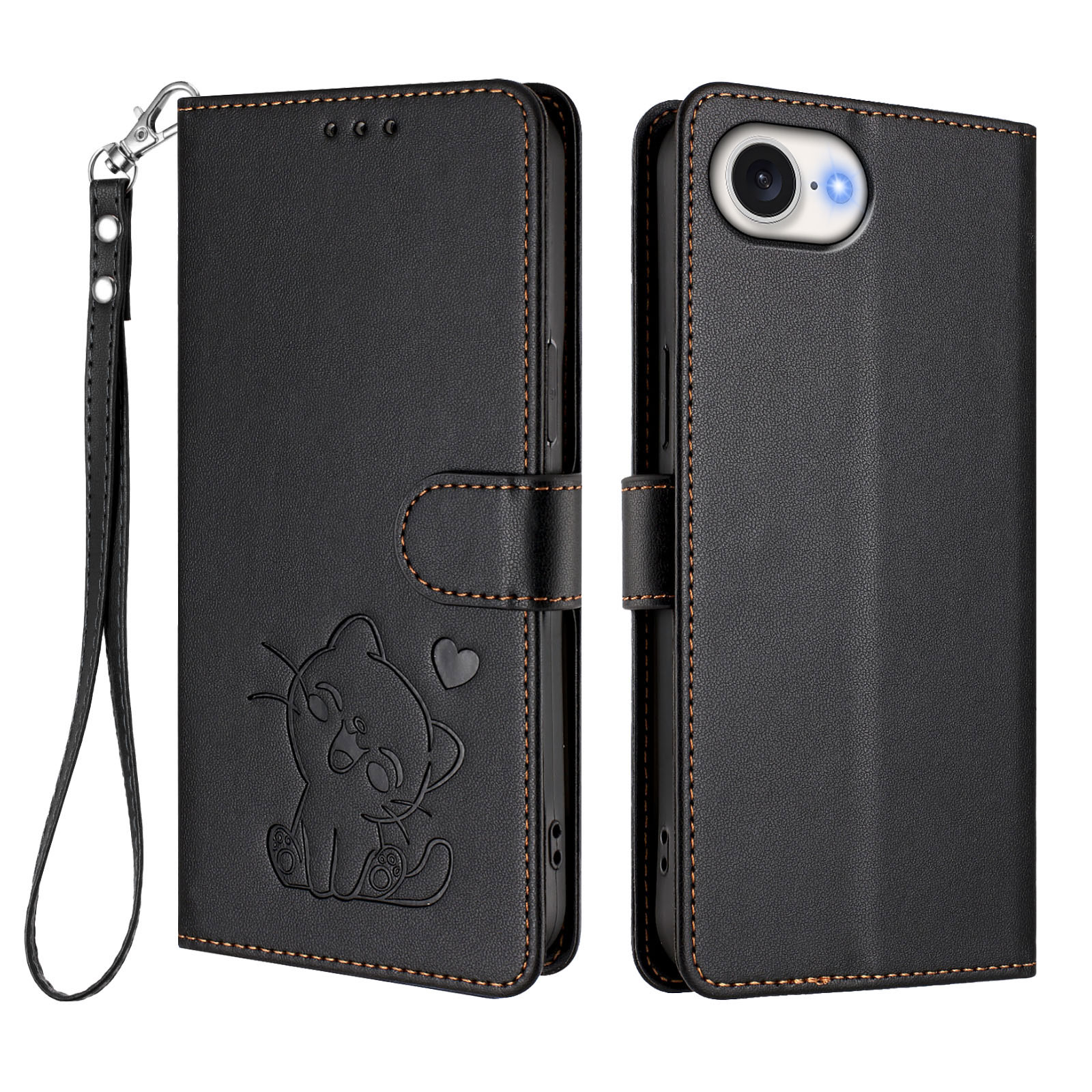 For iPhone 16e Wallet Case with Wrist Strap Love Cat Pattern Imprint Leather Phone Cover - Black