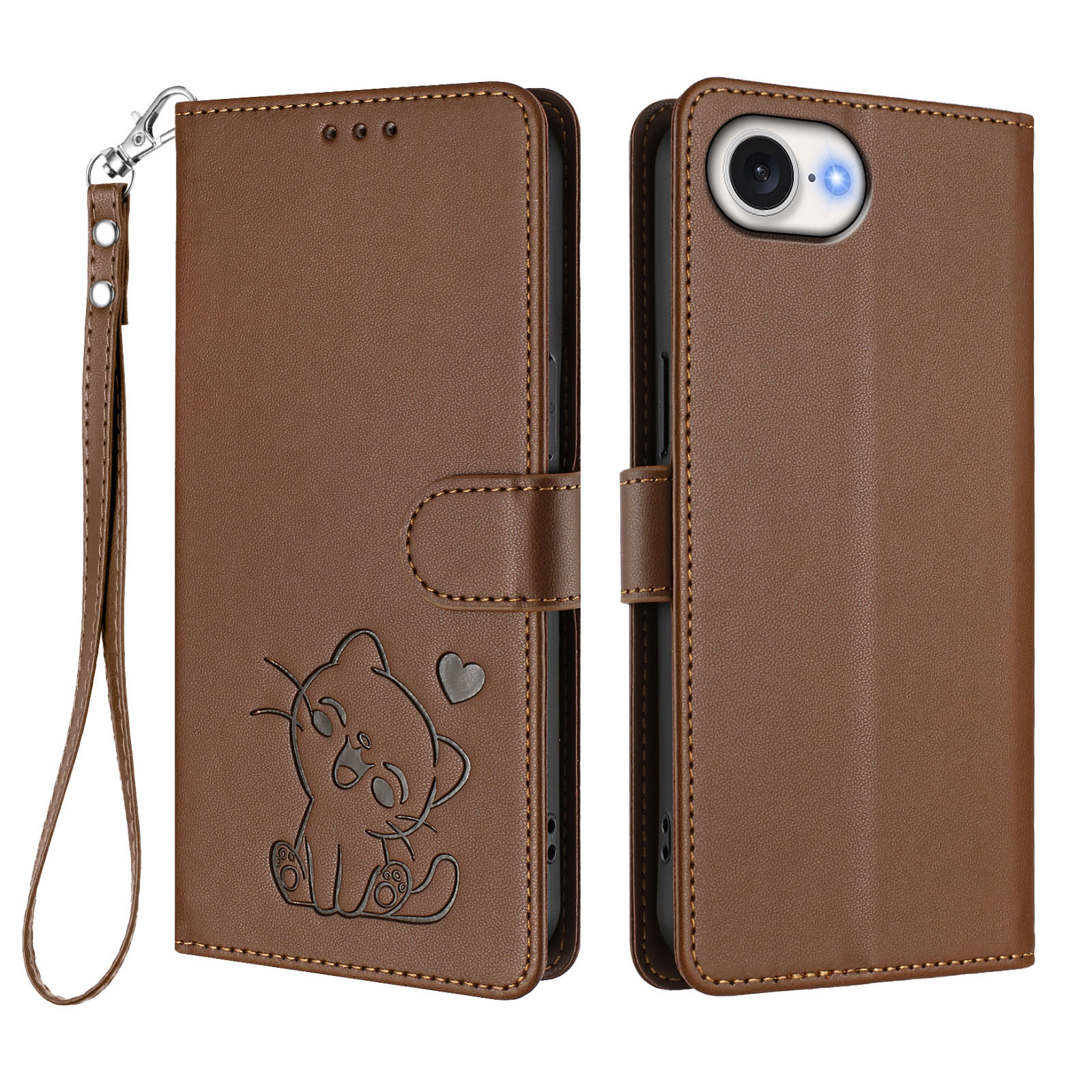 For iPhone 16e Wallet Case with Wrist Strap Love Cat Pattern Imprint Leather Phone Cover - Brown