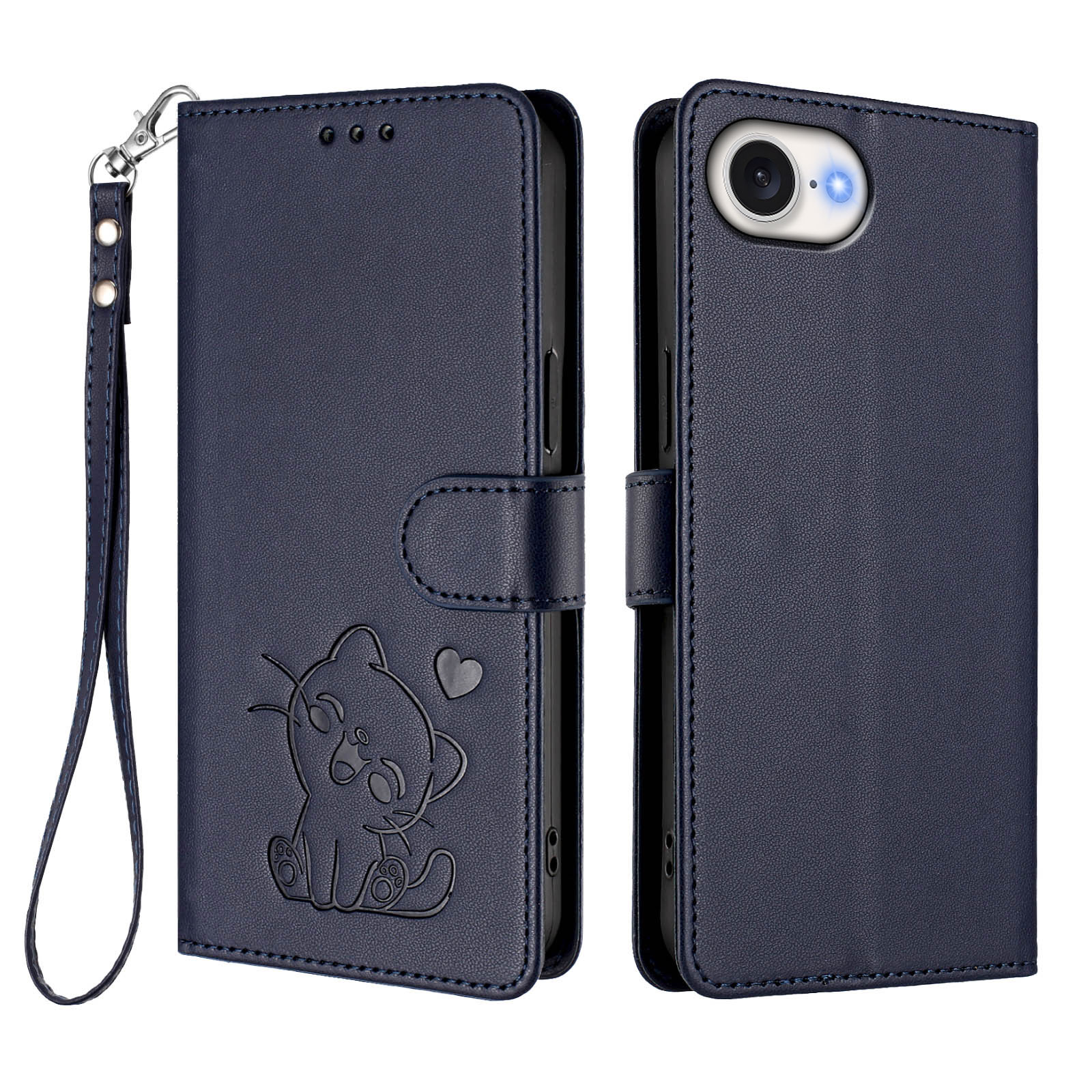 For iPhone 16e Wallet Case with Wrist Strap Love Cat Pattern Imprint Leather Phone Cover - Blue