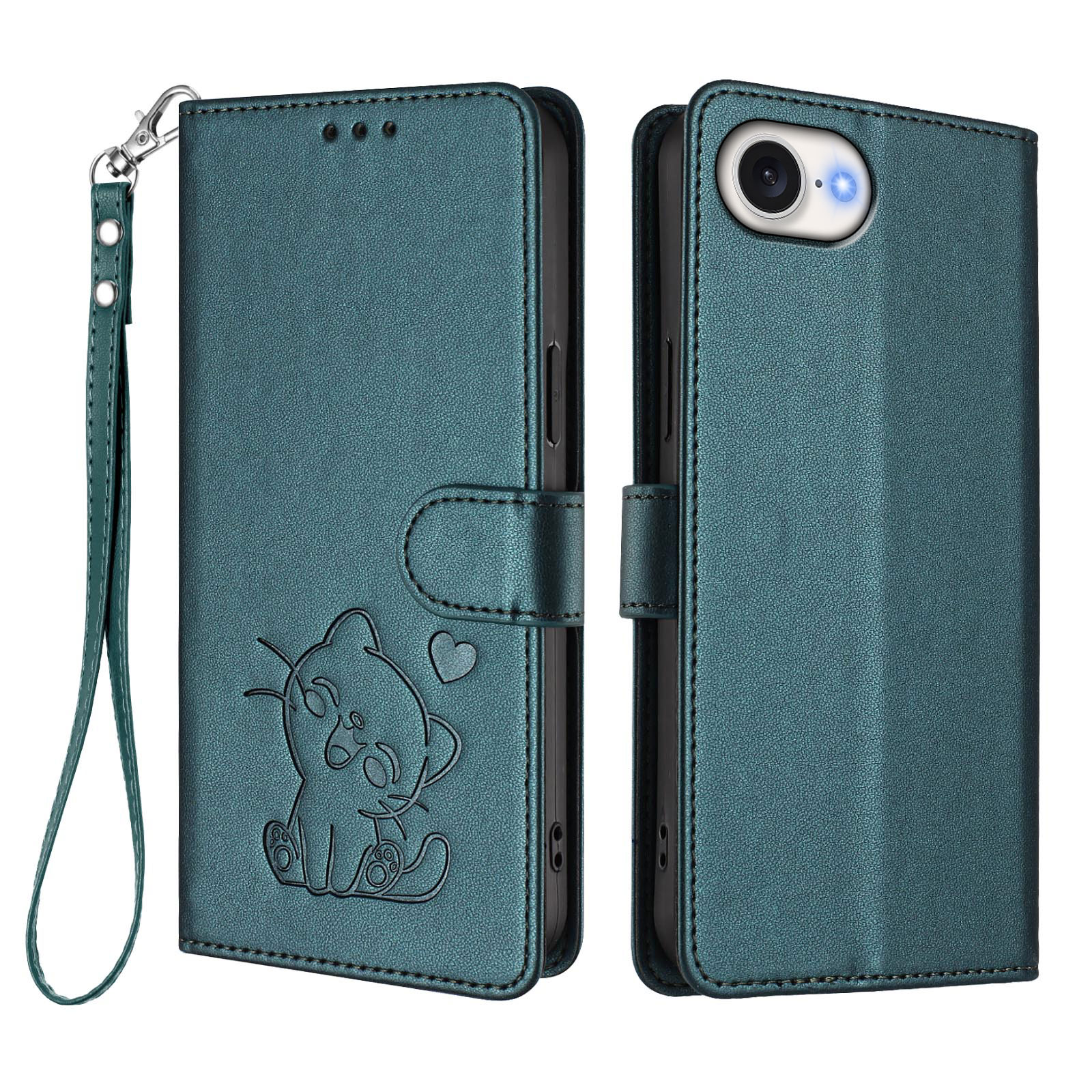 For iPhone 16e Wallet Case with Wrist Strap Love Cat Pattern Imprint Leather Phone Cover - Green