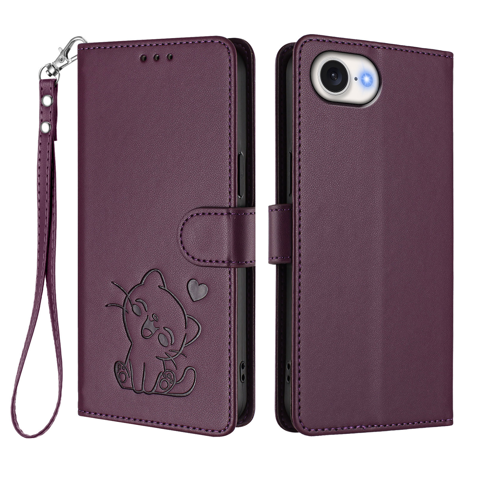 For iPhone 16e Wallet Case with Wrist Strap Love Cat Pattern Imprint Leather Phone Cover - Purple