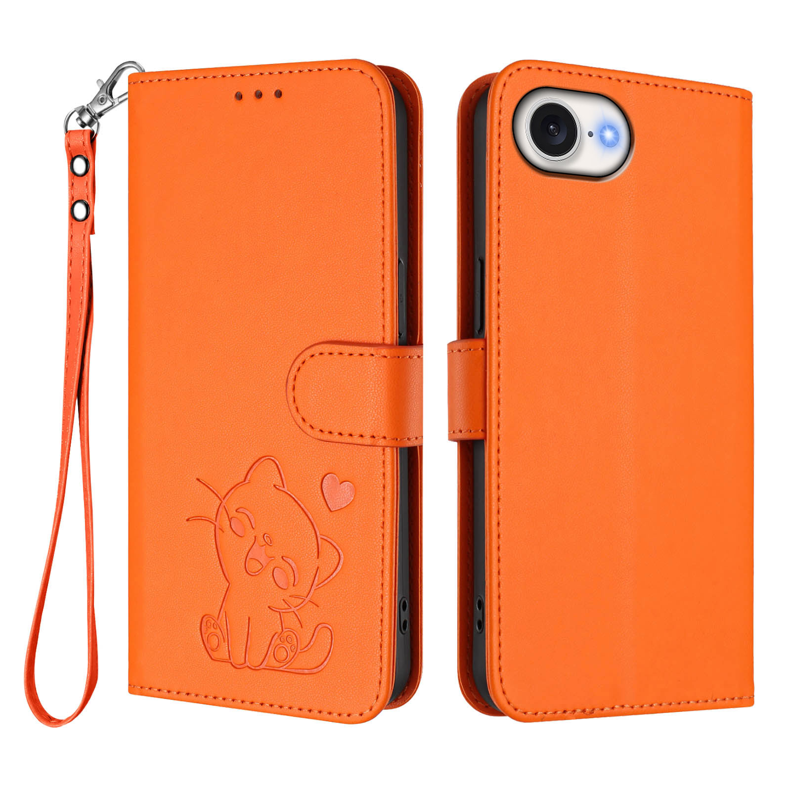 For iPhone 16e Wallet Case with Wrist Strap Love Cat Pattern Imprint Leather Phone Cover - Orange