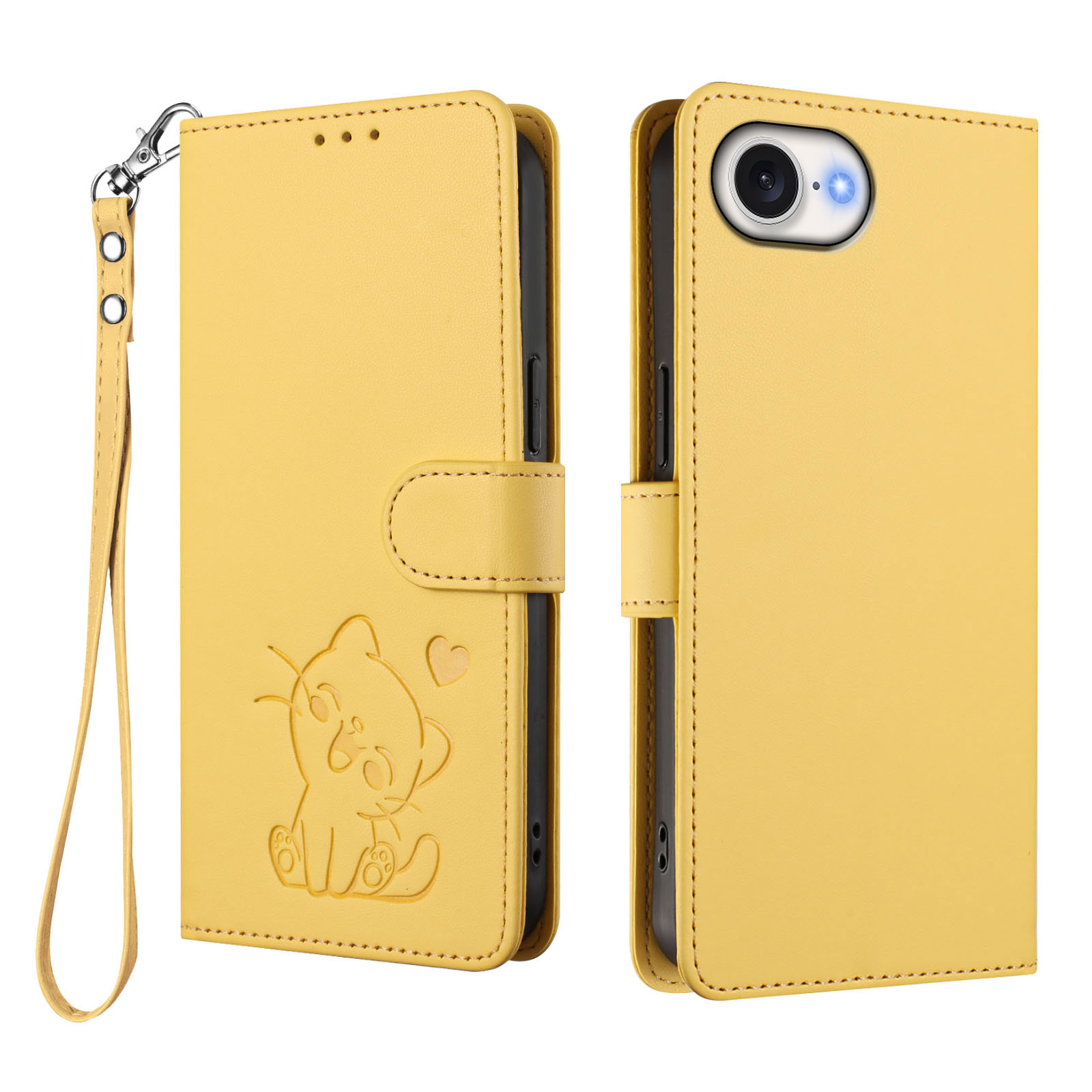 For iPhone 16e Wallet Case with Wrist Strap Love Cat Pattern Imprint Leather Phone Cover - Yellow