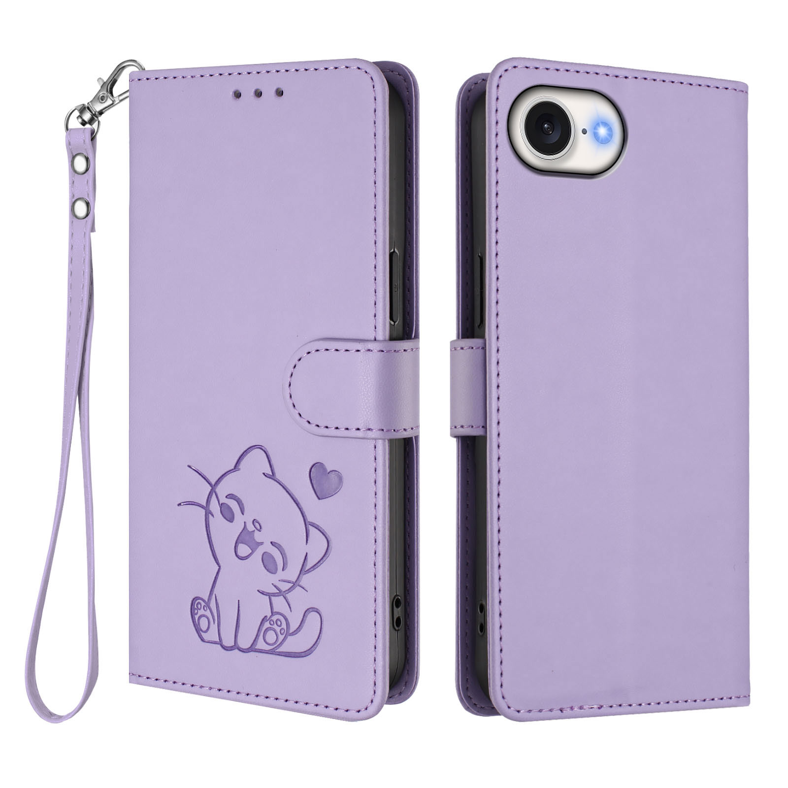 For iPhone 16e Wallet Case with Wrist Strap Love Cat Pattern Imprint Leather Phone Cover - Light Purple