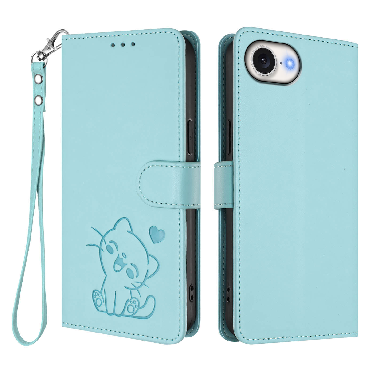For iPhone 16e Wallet Case with Wrist Strap Love Cat Pattern Imprint Leather Phone Cover - Mint Green