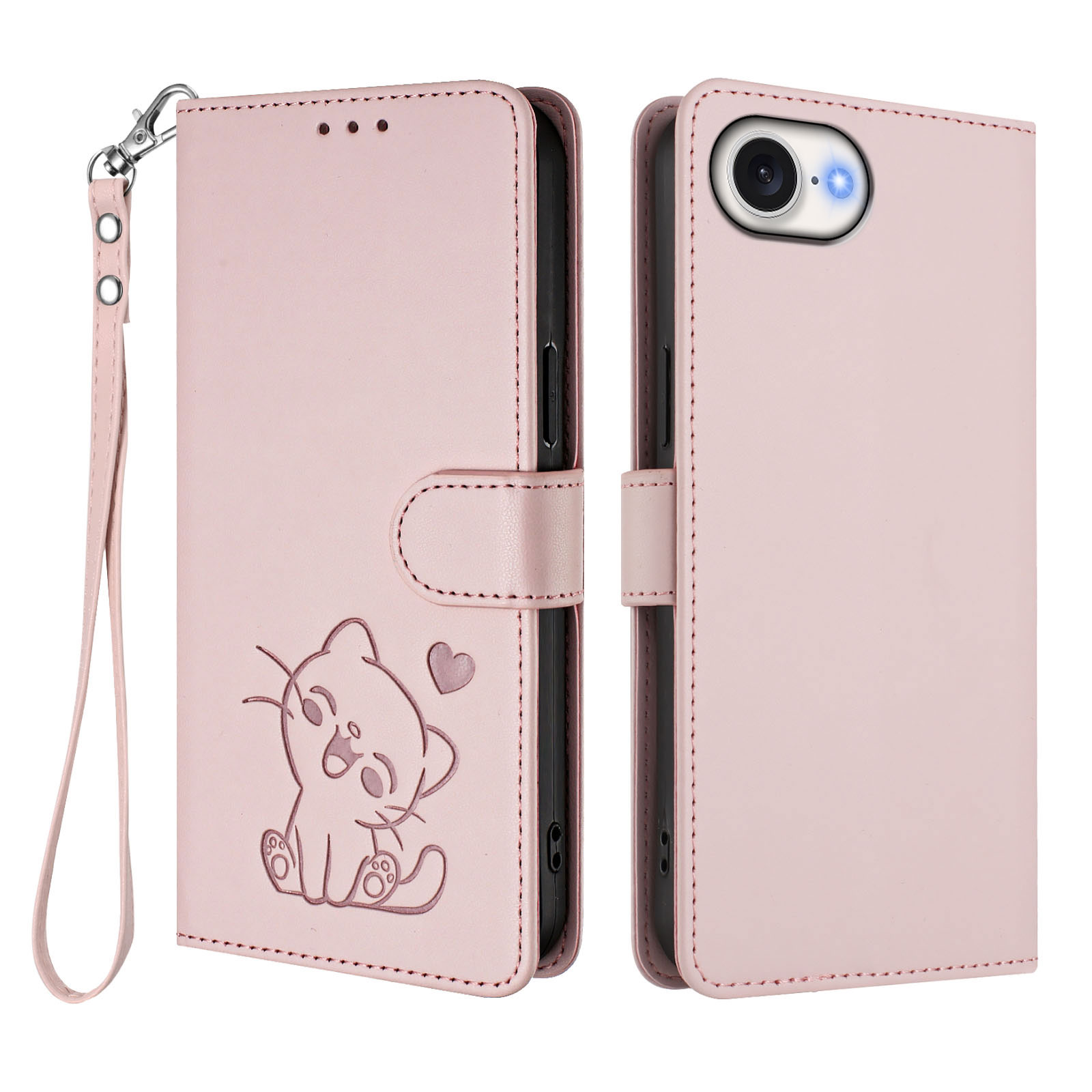 For iPhone 16e Wallet Case with Wrist Strap Love Cat Pattern Imprint Leather Phone Cover - Pink