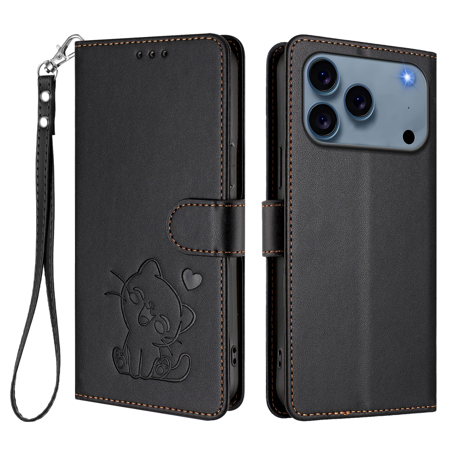 For iPhone 17 Pro Max Wallet Case with Wrist Strap Love Cat Pattern Imprint Leather Phone Cover - Black