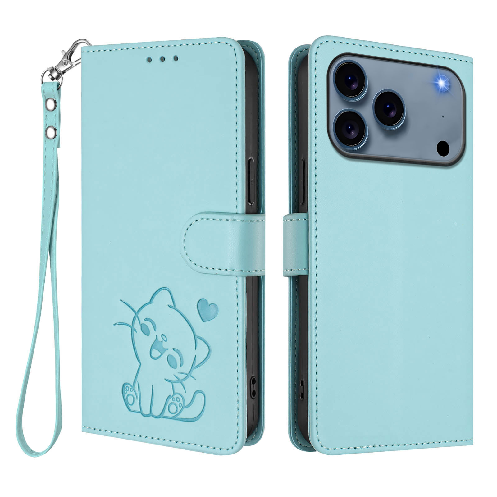 For iPhone 17 Pro Max Wallet Case with Wrist Strap Love Cat Pattern Imprint Leather Phone Cover - Mint Green