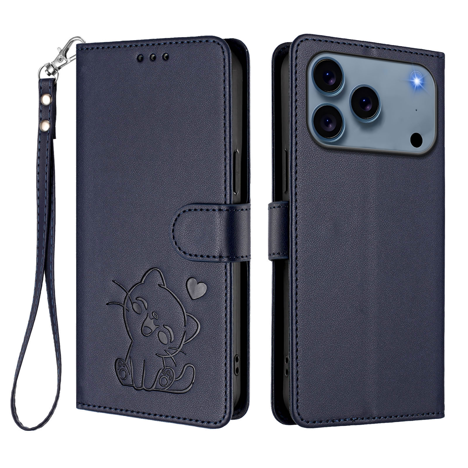For iPhone 17 Pro Wallet Case with Wrist Strap Love Cat Pattern Imprint Leather Phone Cover - Blue
