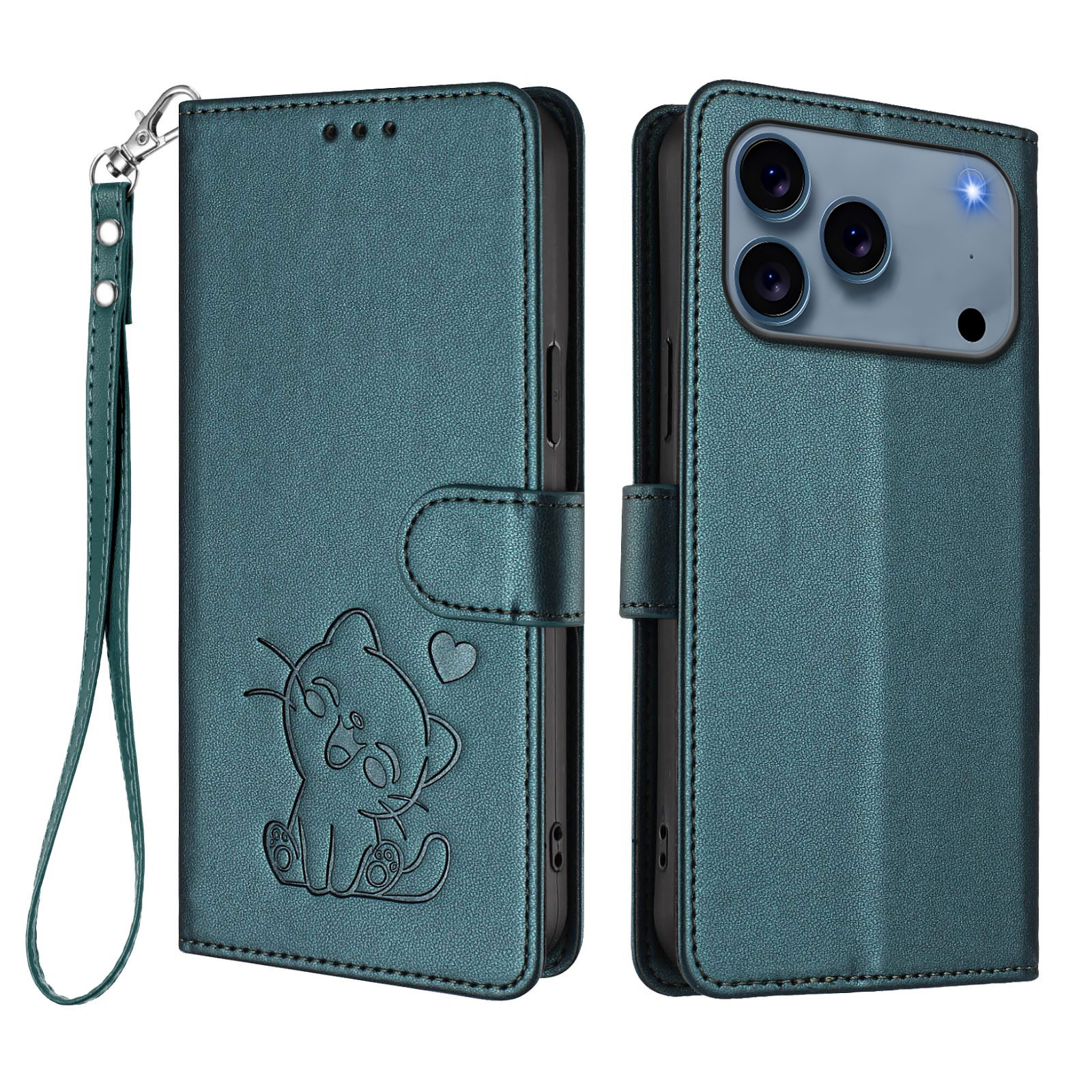 For iPhone 17 Pro Wallet Case with Wrist Strap Love Cat Pattern Imprint Leather Phone Cover - Green