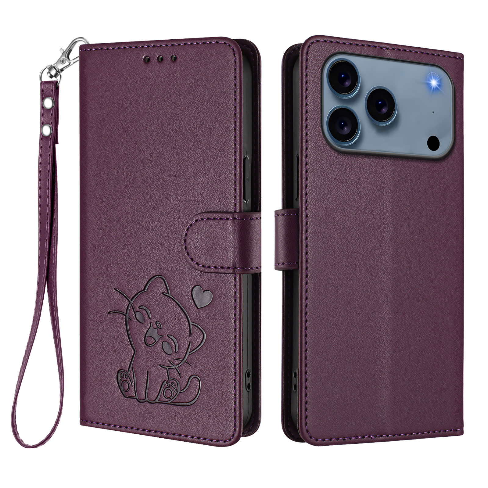 For iPhone 17 Pro Wallet Case with Wrist Strap Love Cat Pattern Imprint Leather Phone Cover - Purple