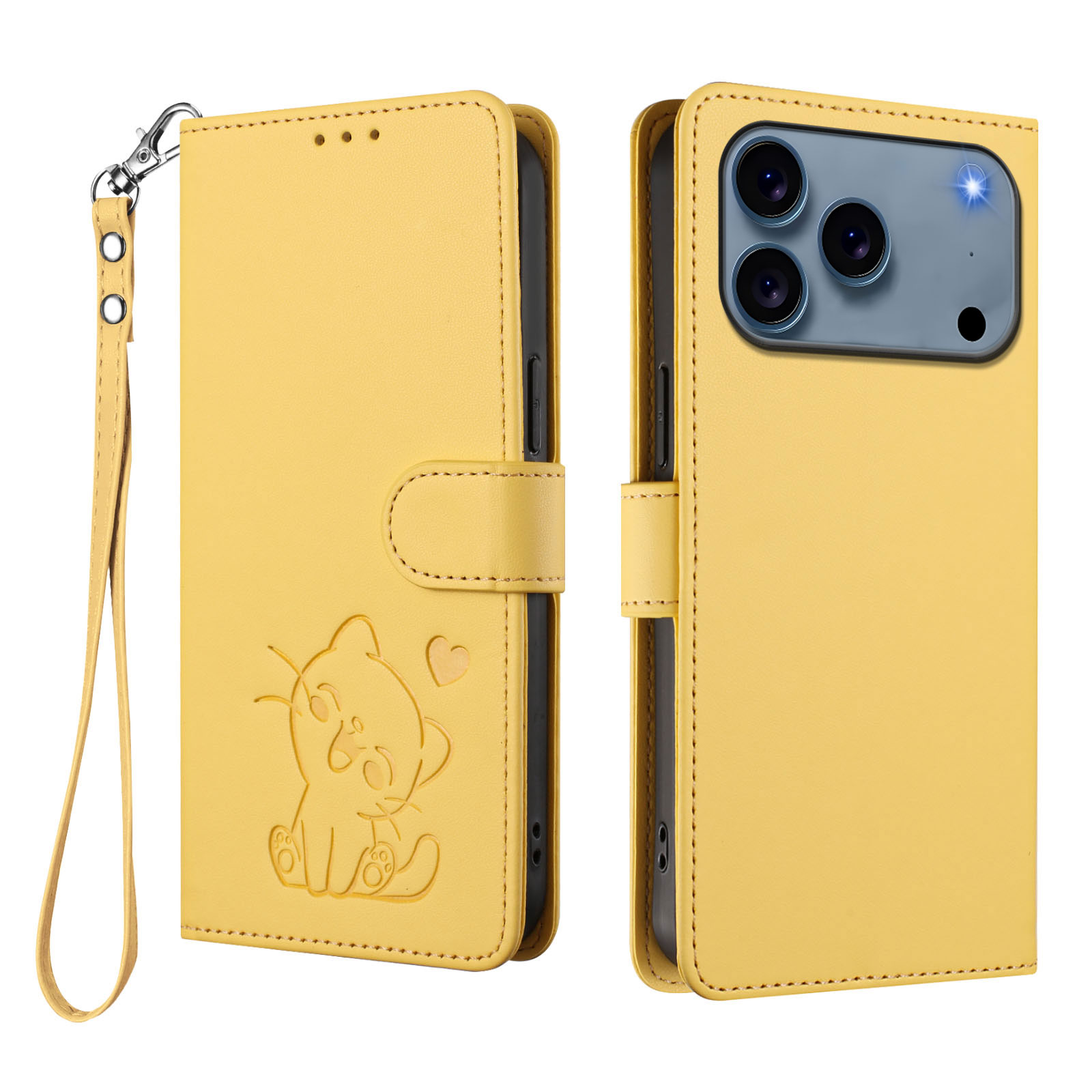 For iPhone 17 Pro Wallet Case with Wrist Strap Love Cat Pattern Imprint Leather Phone Cover - Yellow