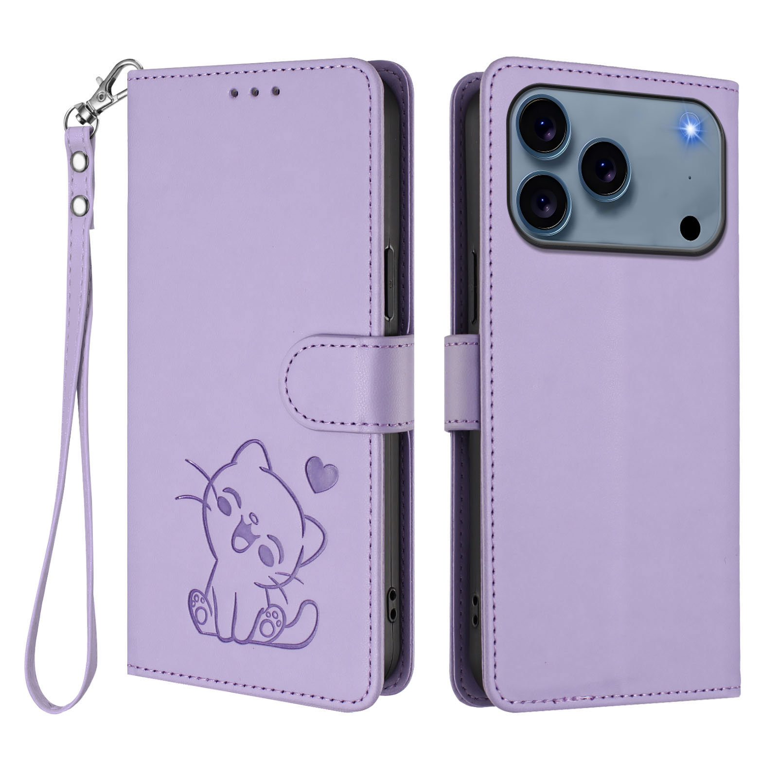 For iPhone 17 Pro Wallet Case with Wrist Strap Love Cat Pattern Imprint Leather Phone Cover - Light Purple