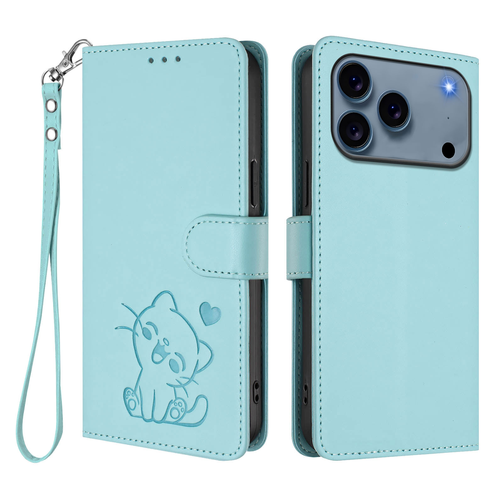 For iPhone 17 Pro Wallet Case with Wrist Strap Love Cat Pattern Imprint Leather Phone Cover - Mint Green
