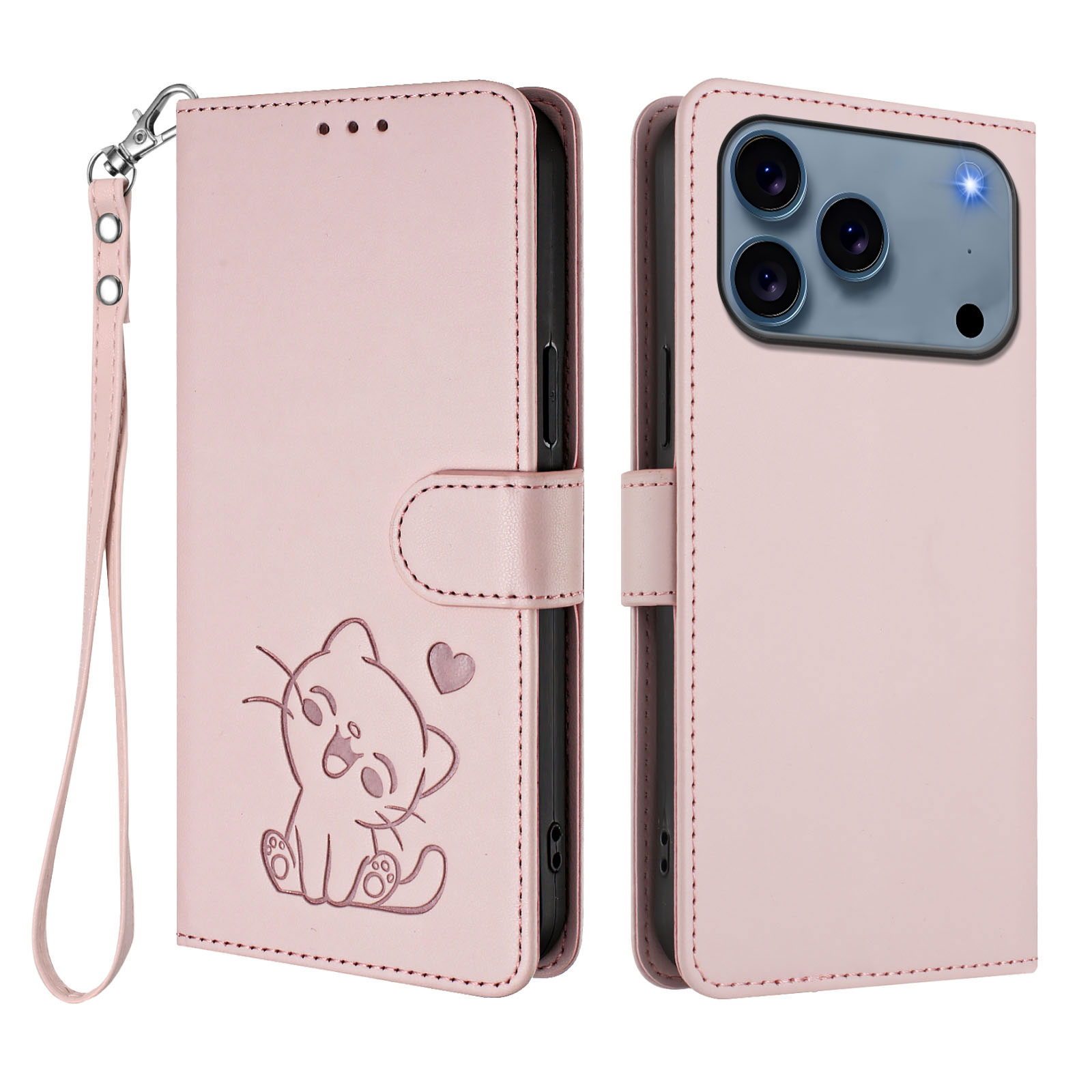 For iPhone 17 Pro Wallet Case with Wrist Strap Love Cat Pattern Imprint Leather Phone Cover - Pink