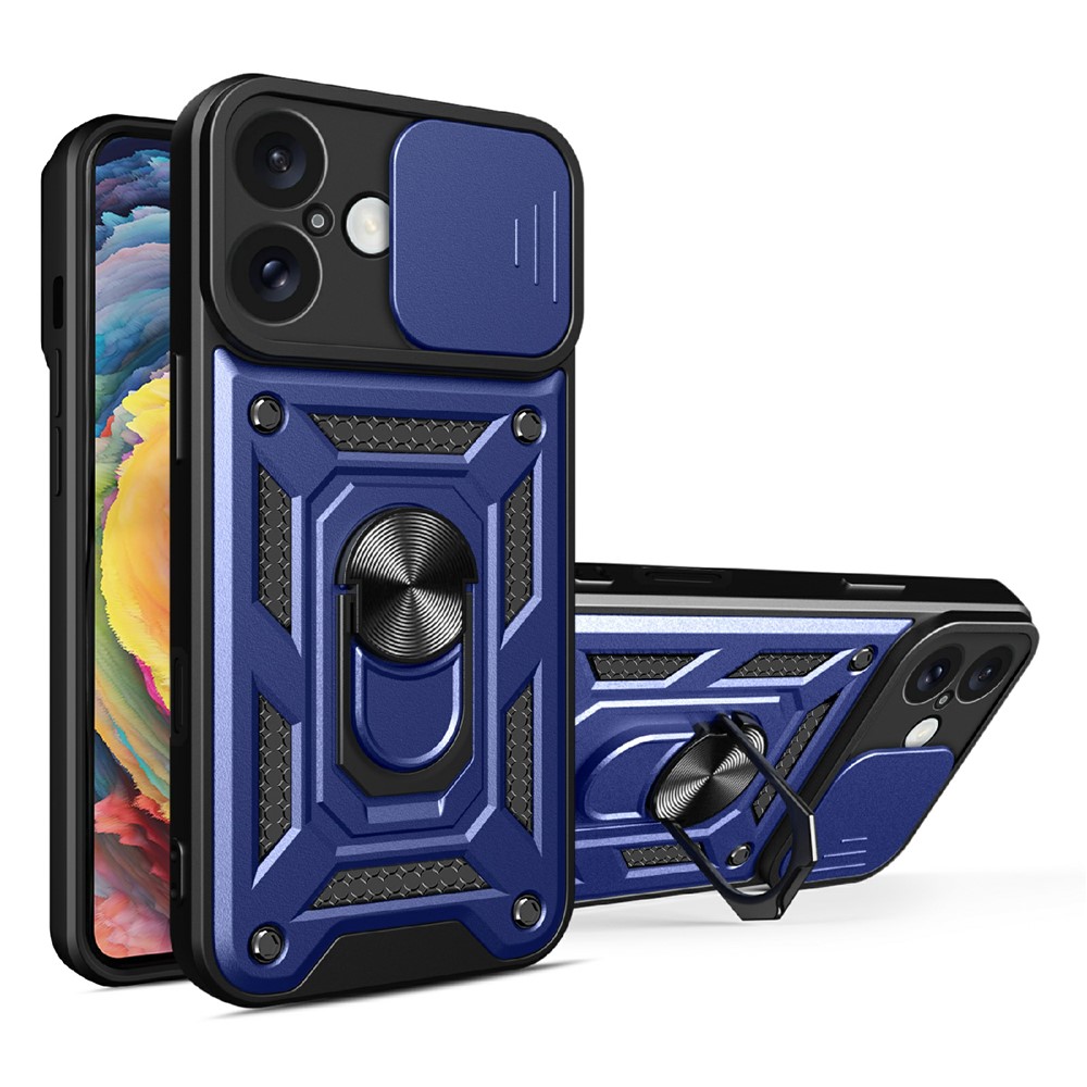 AMORUS For iPhone 16 Plus Case Kickstand PC + TPU Phone Cover with Camera Lens Slider - Blue