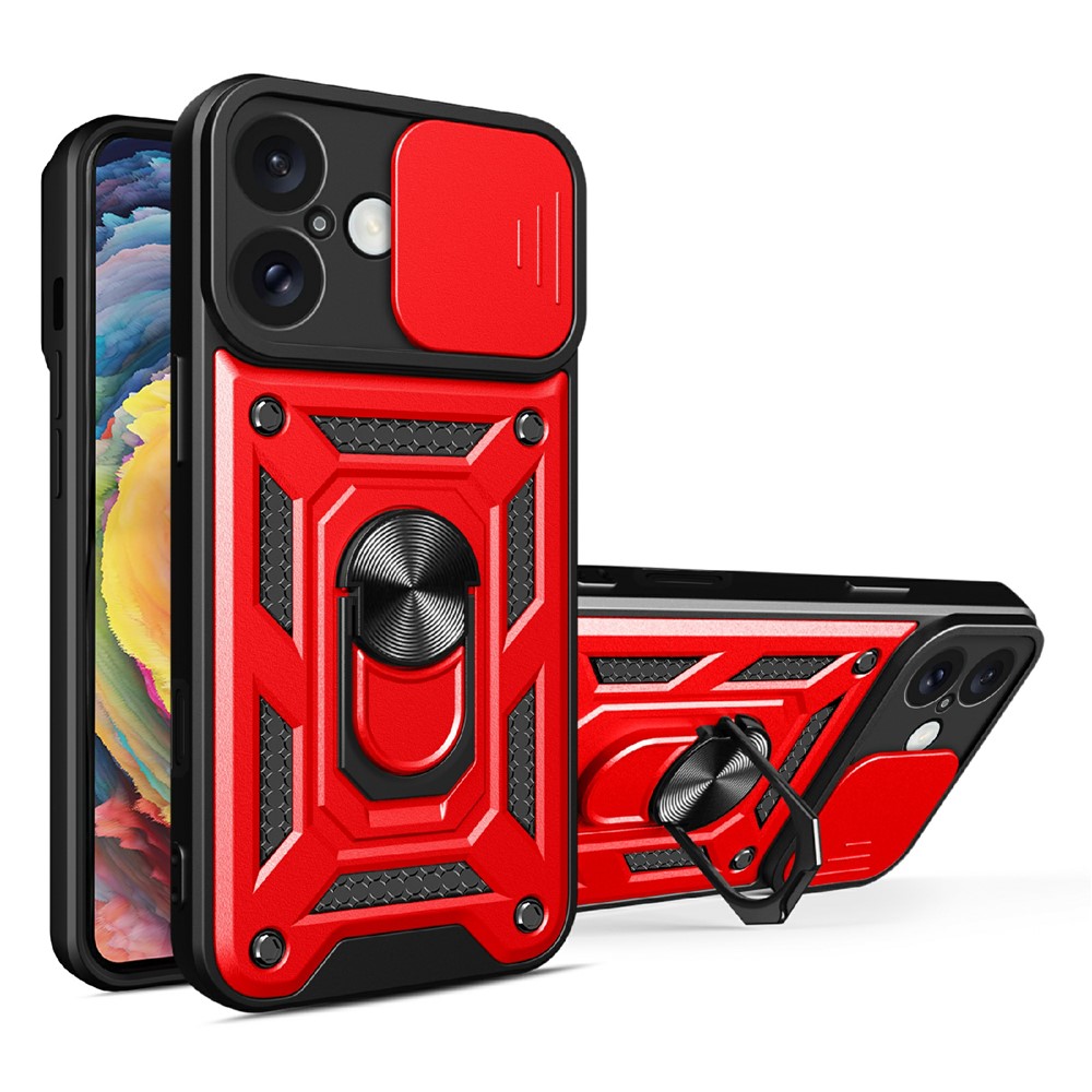 AMORUS For iPhone 16 Plus Case Kickstand PC + TPU Phone Cover with Camera Lens Slider - Red