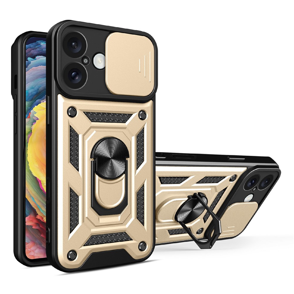 AMORUS For iPhone 16 Plus Case Kickstand PC + TPU Phone Cover with Camera Lens Slider - Gold