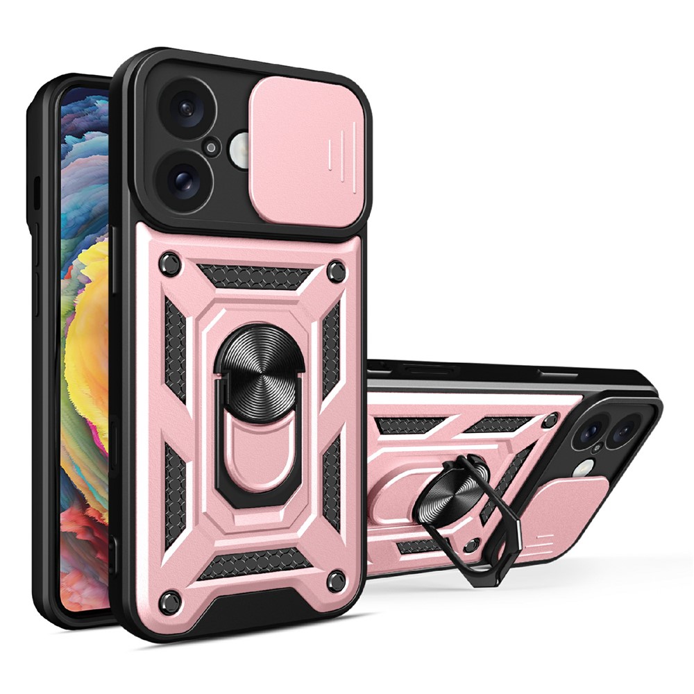 AMORUS For iPhone 16 Plus Case Kickstand PC + TPU Phone Cover with Camera Lens Slider - Rose Gold