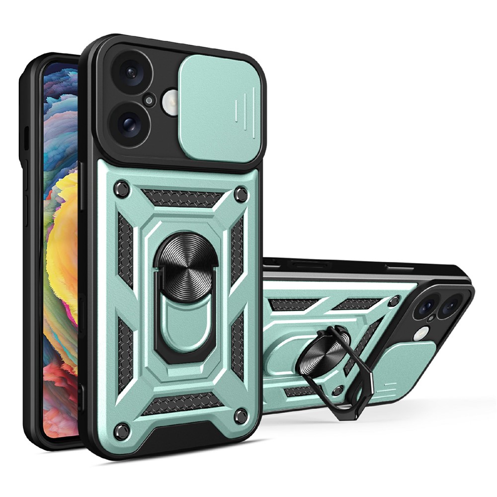 AMORUS For iPhone 16 Plus Case Kickstand PC + TPU Phone Cover with Camera Lens Slider - Green