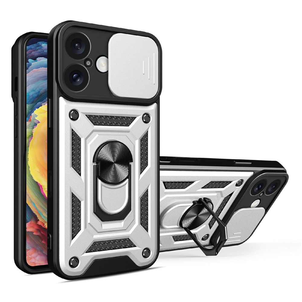 AMORUS For iPhone 16 Plus Case Kickstand PC + TPU Phone Cover with Camera Lens Slider - Silver