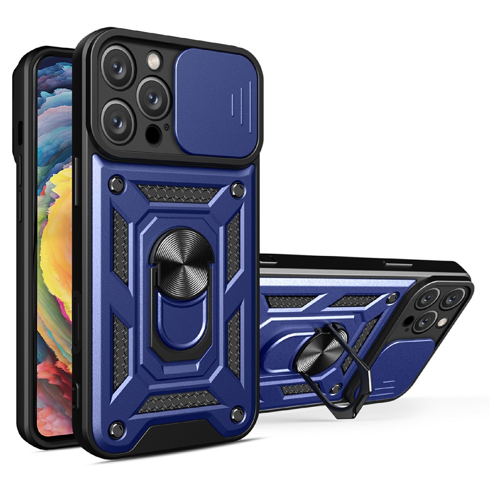 AMORUS For iPhone 16 Pro Case Kickstand PC + TPU Phone Cover with Camera Lens Slider - Blue