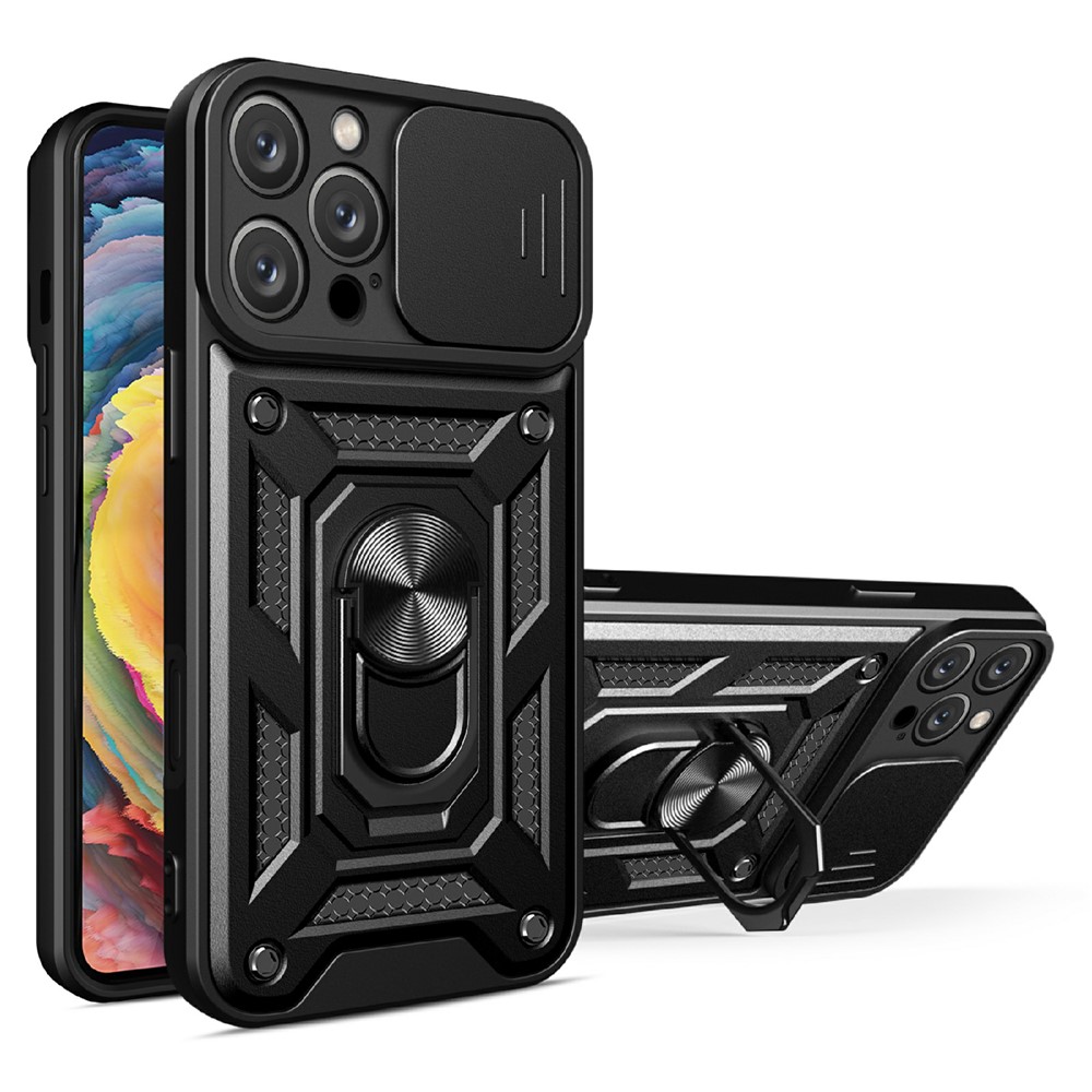 AMORUS For iPhone 16 Pro Case Kickstand PC + TPU Phone Cover with Camera Lens Slider - Black