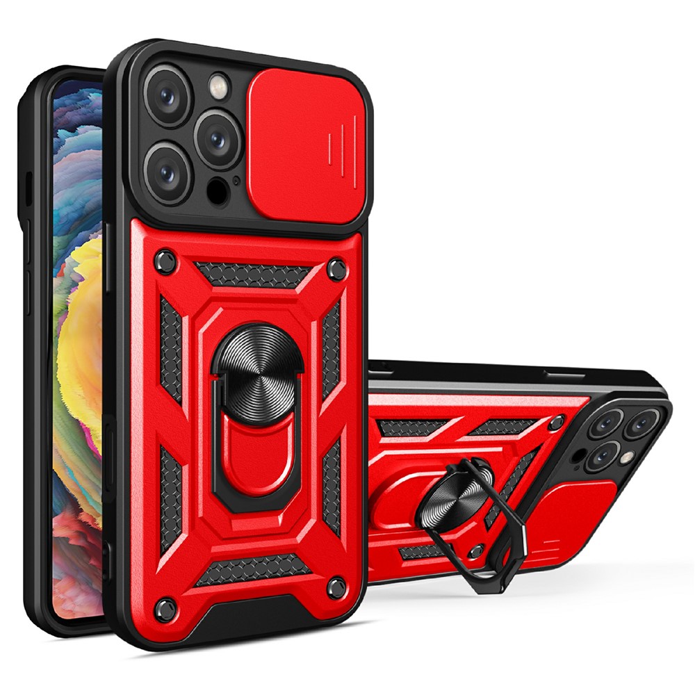 AMORUS For iPhone 16 Pro Case Kickstand PC + TPU Phone Cover with Camera Lens Slider - Red