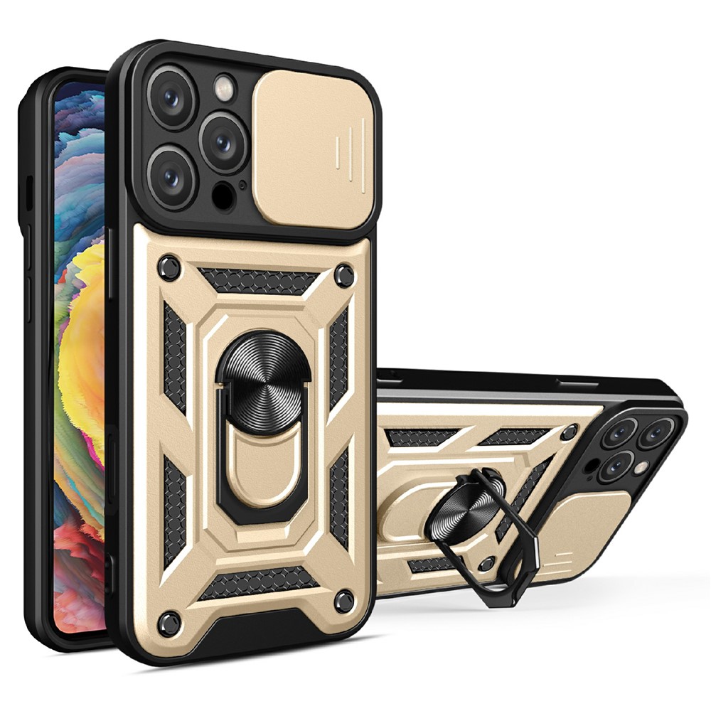 AMORUS For iPhone 16 Pro Case Kickstand PC + TPU Phone Cover with Camera Lens Slider - Gold