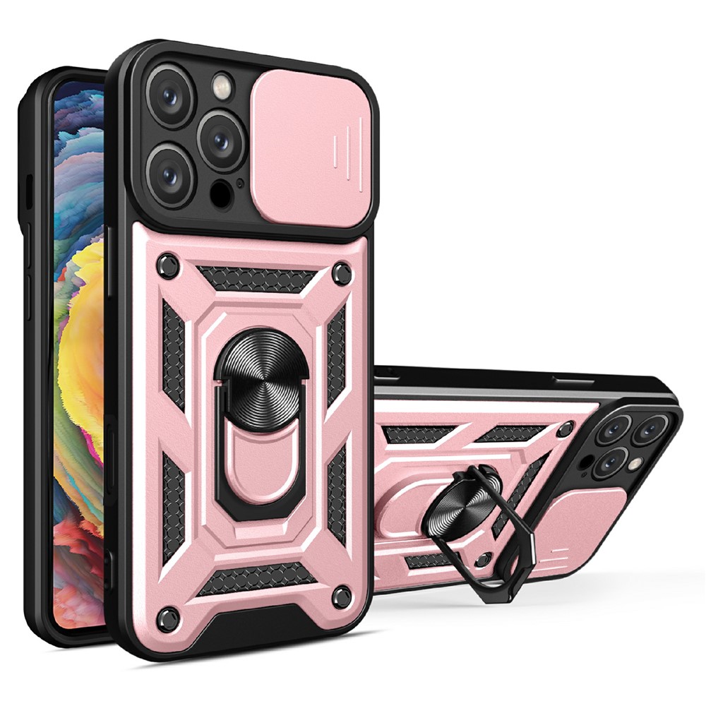 AMORUS For iPhone 16 Pro Case Kickstand PC + TPU Phone Cover with Camera Lens Slider - Rose Gold