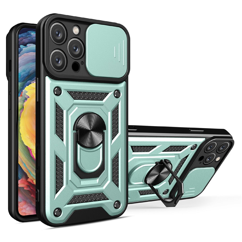 AMORUS For iPhone 16 Pro Case Kickstand PC + TPU Phone Cover with Camera Lens Slider - Green
