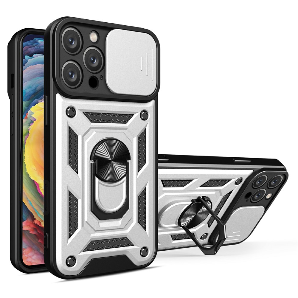 AMORUS For iPhone 16 Pro Case Kickstand PC + TPU Phone Cover with Camera Lens Slider - Silver