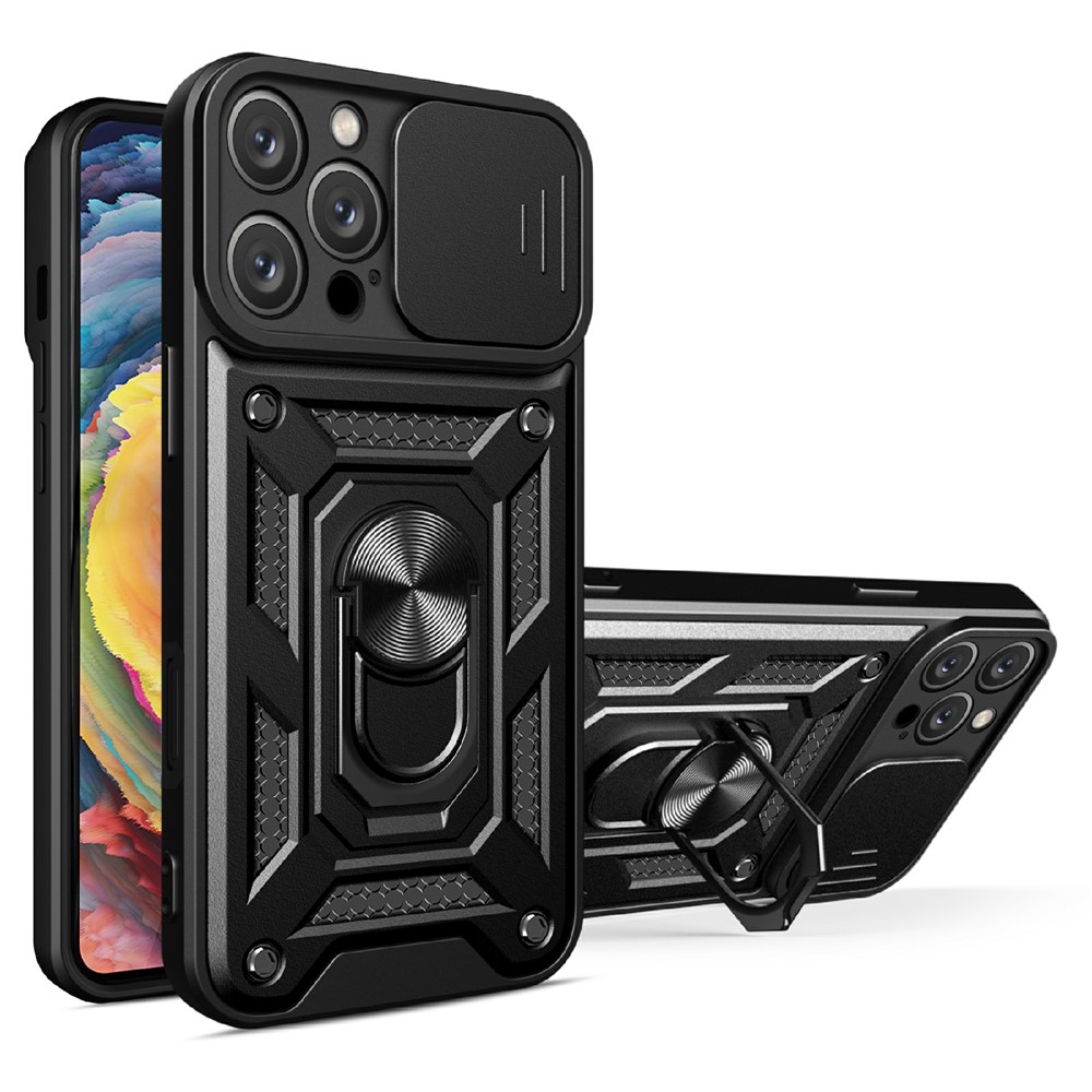 AMORUS For iPhone 16 Pro Max Case Kickstand PC + TPU Phone Cover with Camera Lens Slider - Black