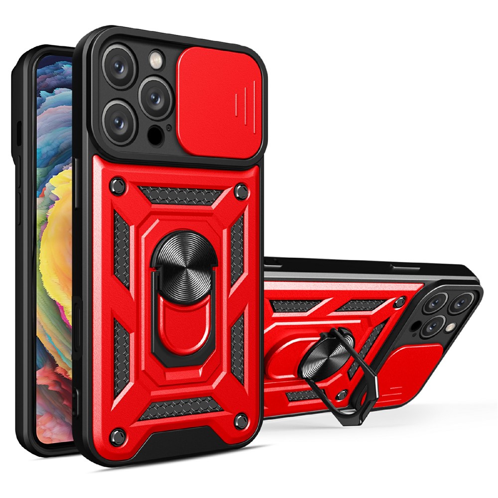 AMORUS For iPhone 16 Pro Max Case Kickstand PC + TPU Phone Cover with Camera Lens Slider - Red