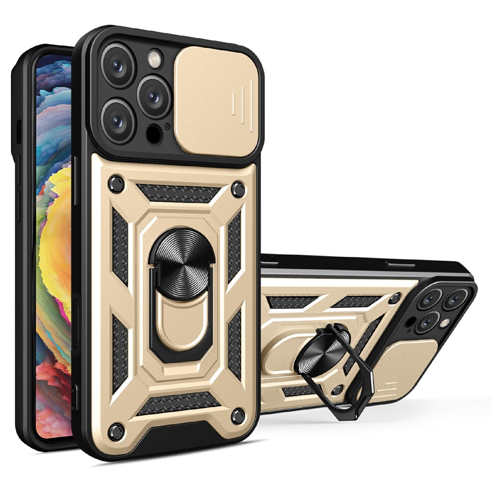 AMORUS For iPhone 16 Pro Max Case Kickstand PC + TPU Phone Cover with Camera Lens Slider - Gold